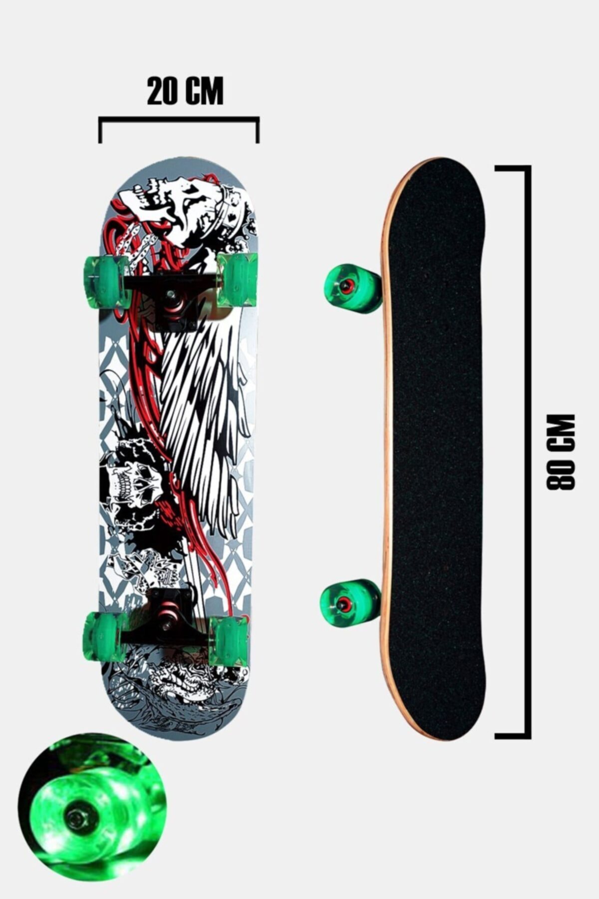 AVESSA Zımparalı Işıklı Yeşil Silikon Tekerli Taçlı Kurukafa Desenli Kaykay