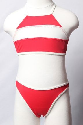 Kız Çocuk Kırmızı Bustiyer Model Boyundan Bağlamalı Alt Üst Düz Bikini Takım 186 ÇBD186