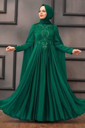 Tesettürlü Abiye Elbise - Pelerinli Yeşil Tesettür Abiye Elbise 22001y EGS-22001