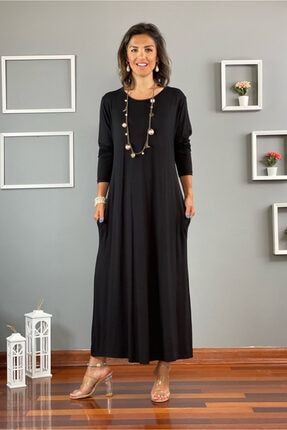 Kadın Siyah Gizli Cepli Oversize Salaş Elbise Uzun Kol Siyah Penye Elbise