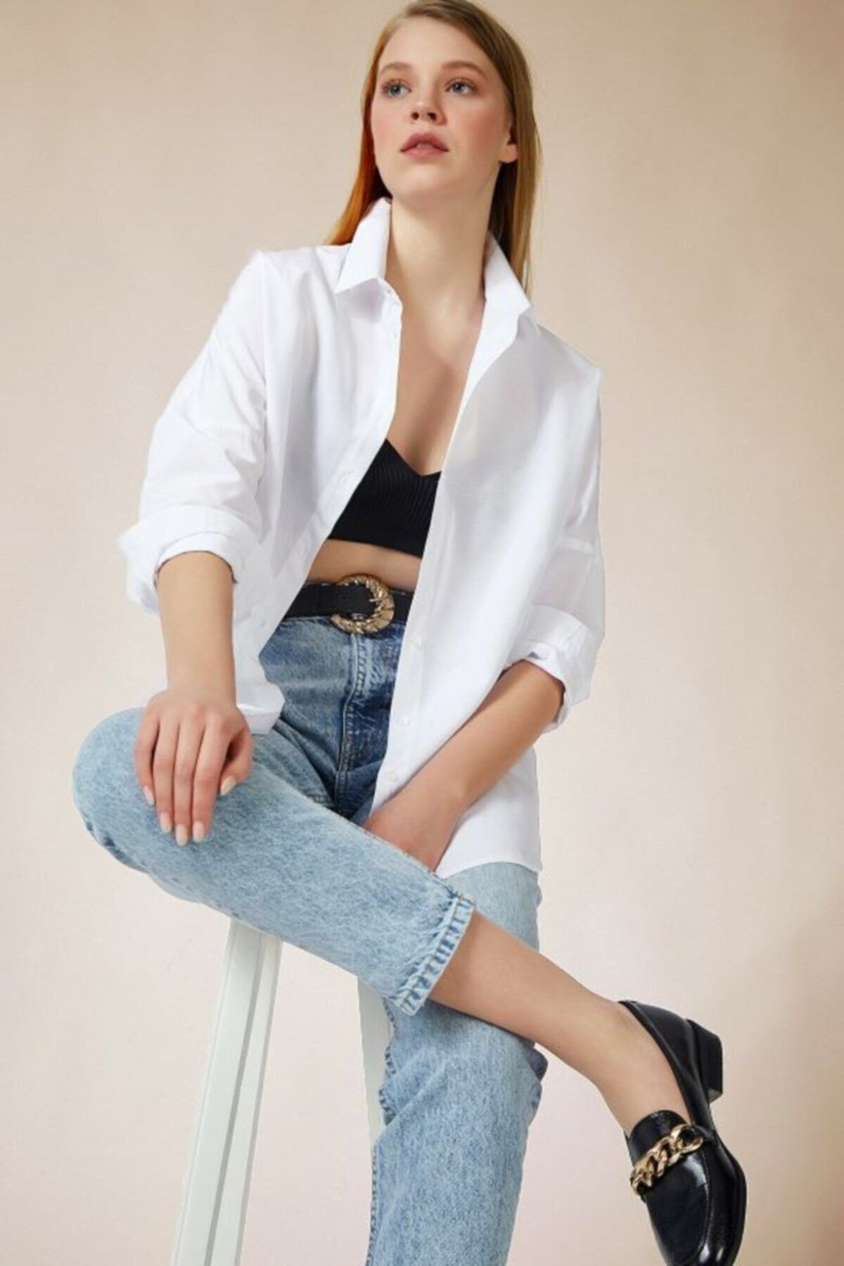 VOLT CLOTHİNG-Weißes, langes Basic-Hemd für Damen 2