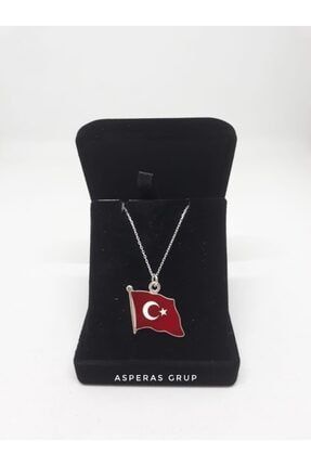 Gümüş Türk Bayrağı Kolye Gümüş Zincirli Kadife Kutusunda 925 Ayar merit829