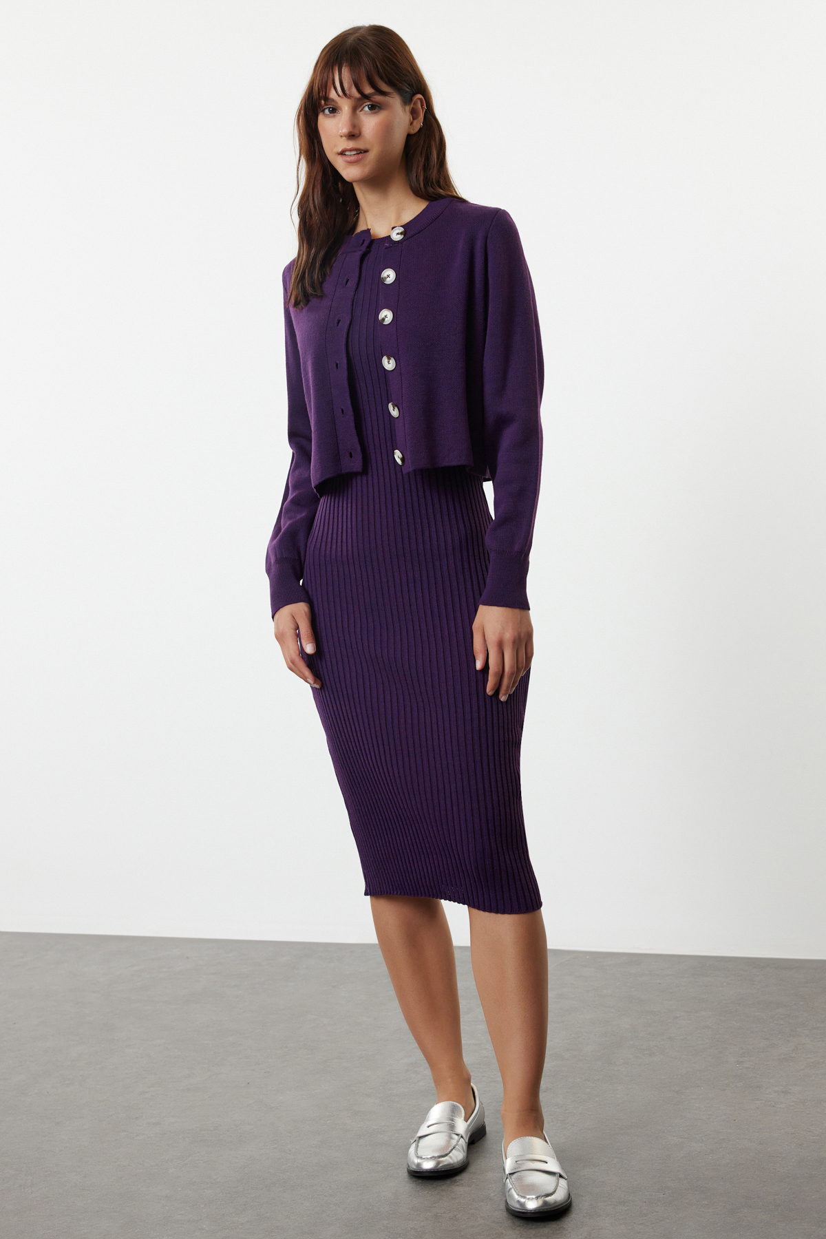 Trendyolmilla Mor 2'li Midi Triko Basic Hırkalı Elbise TWOSS23EL00738