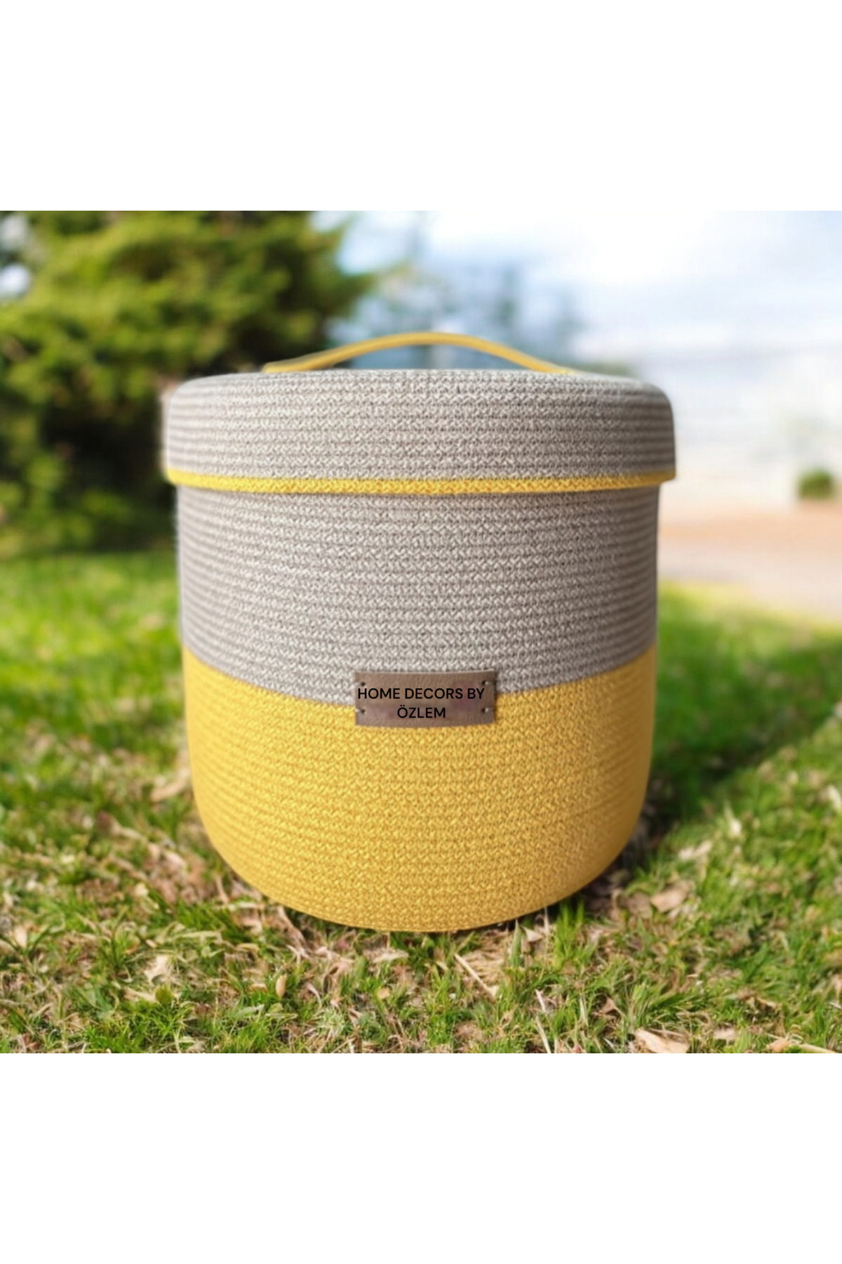 Wicker Basket Organizer with Lid (Yellow Beige) - 23x25cm