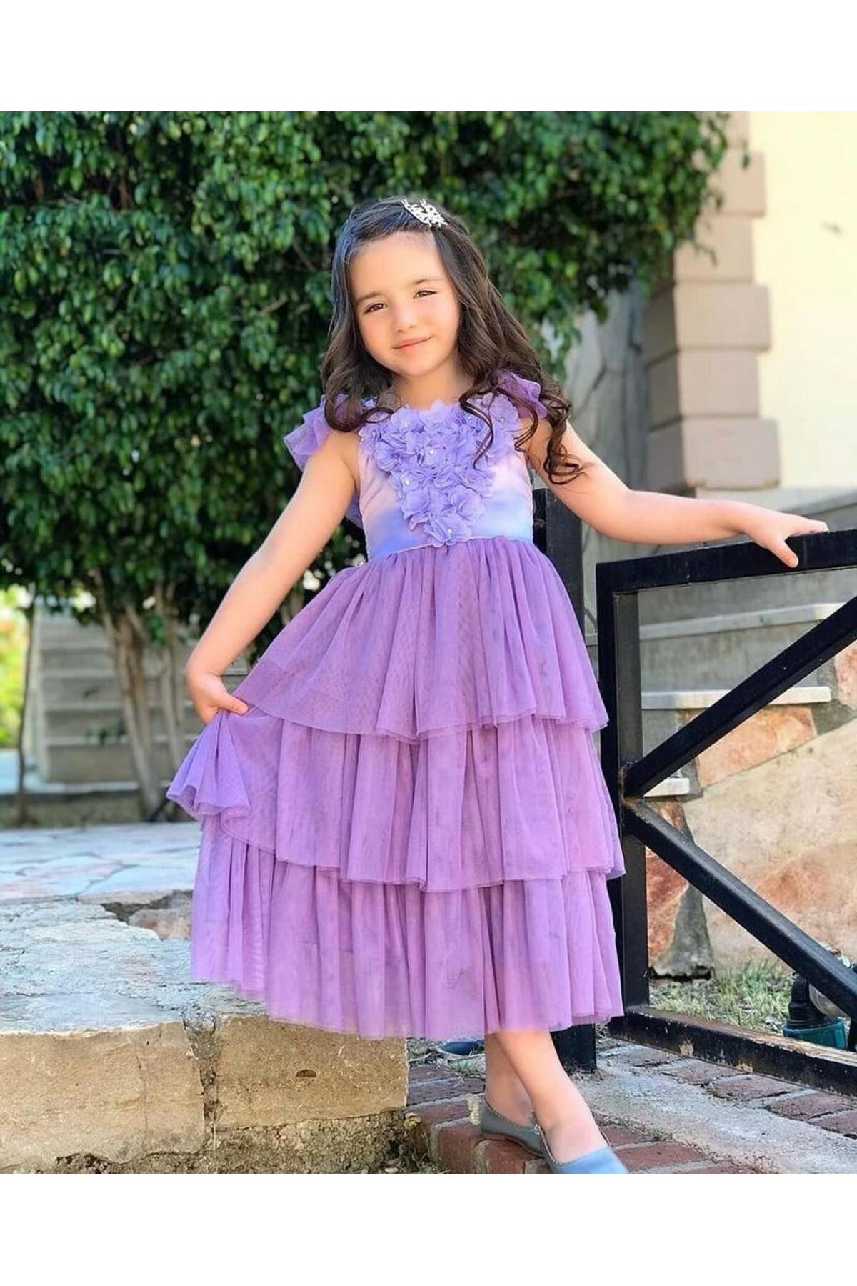 nisaykids Kız çocuk çiçek detaylı tüllü elbise
