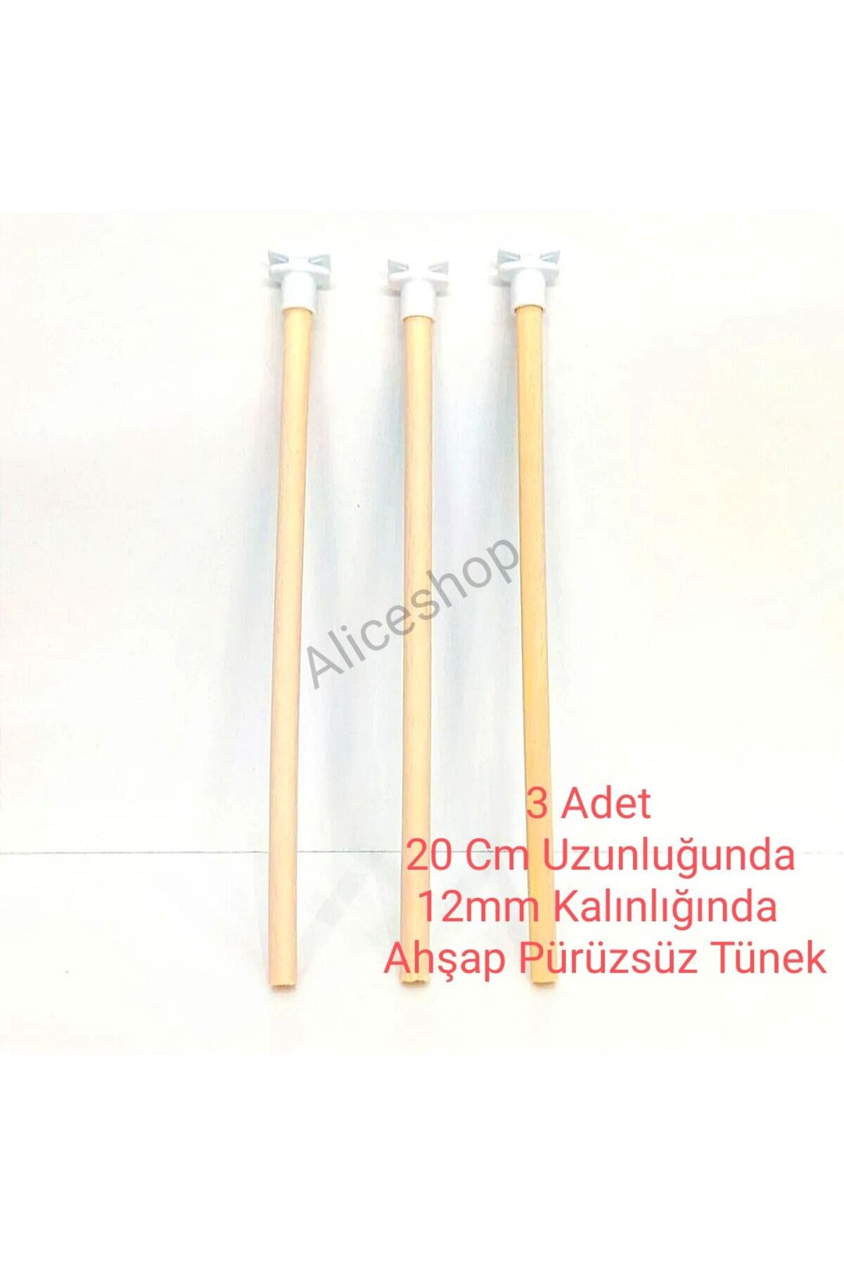 aliceshop Ahşap Pürüzsüz 20Cm 3 Adet Beyaz Plastik Başlıklı Tünek