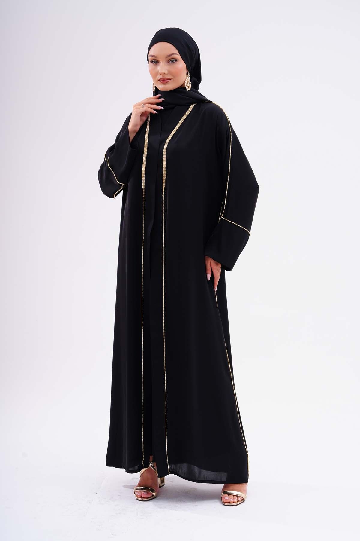 Kumaş Dubai İpeği Lüks Abaya Gold Çift Swaroski Kaliteli Tesettür Dış Giyim Özel Günler İçin
