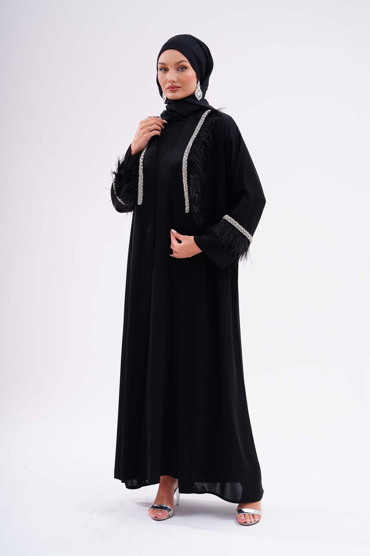Kumaş Dubai İpeği Lüks Abaya Tüylü Kaliteli Tesettür Dış Giyim Özel Günler İçin
