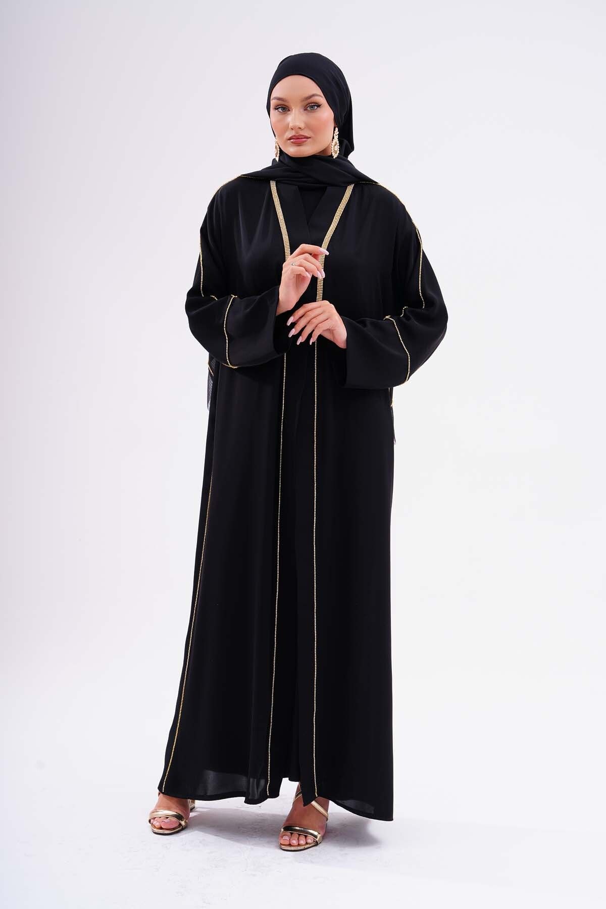 Kumaş Dubai İpeği Lüks Abaya Gold Çift Swaroski Kaliteli Tesettür Dış Giyim Özel Günler İçin