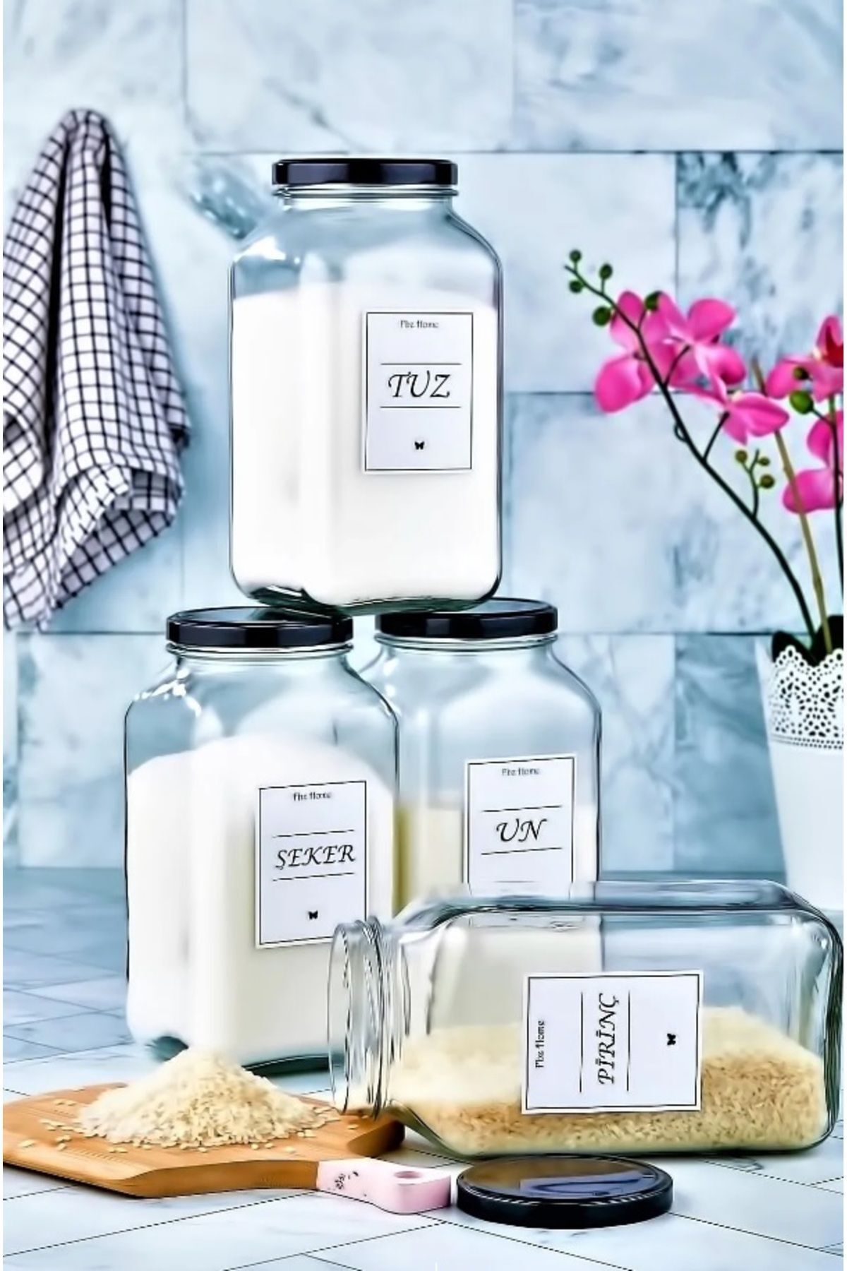 ŞAKİLATA CONCEPT Organizator Decorativ De Bucătărie Din 4 Piese - Borcan De Sticlă Pentru Alimente, Sare, Zahăr, Făină Și Orez (3000 Cc) - Mărime