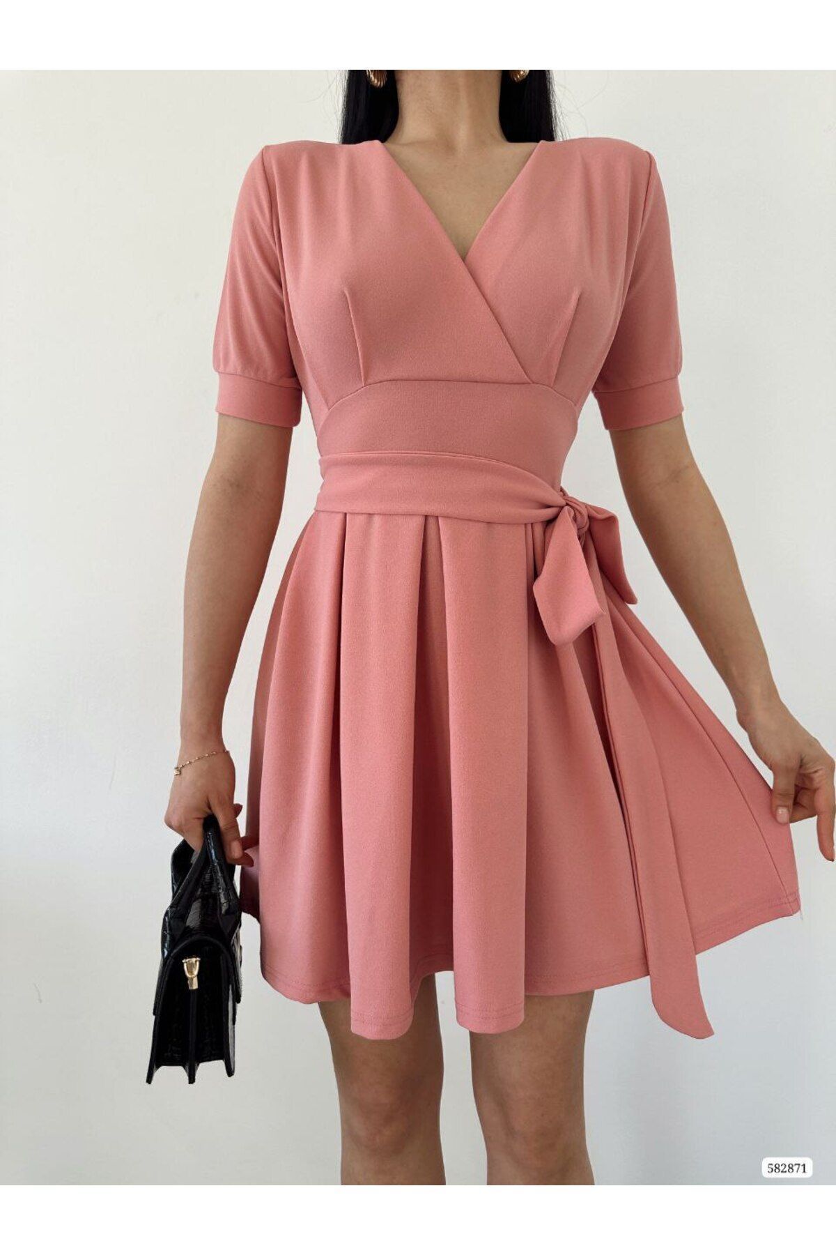 Women's Powder Wrap Collar Short Sleeve Waistband A line Waistband Short Evening Dress