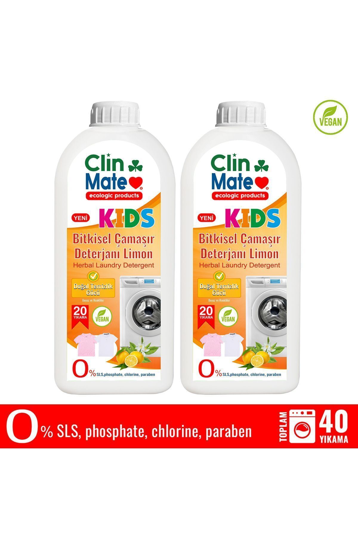 Clinmate 2'li Set Yeni Clinmate Ekolojik Kids Bitkisel Çocuk Deterjanı Limon 750 ml 40 Yıkama