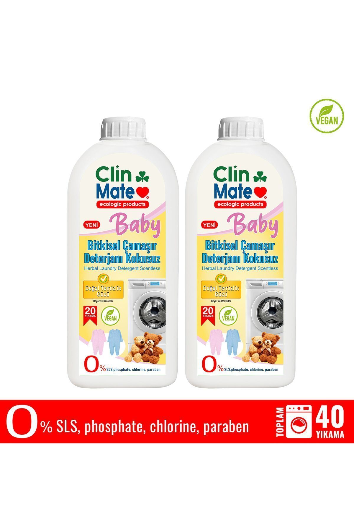 Clinmate 2'li set Yeni Clinmate Ekolojik Baby Bitkisel Bebek Çamaşır Deterjanı KOKUSUZ 750 ml 40 yk