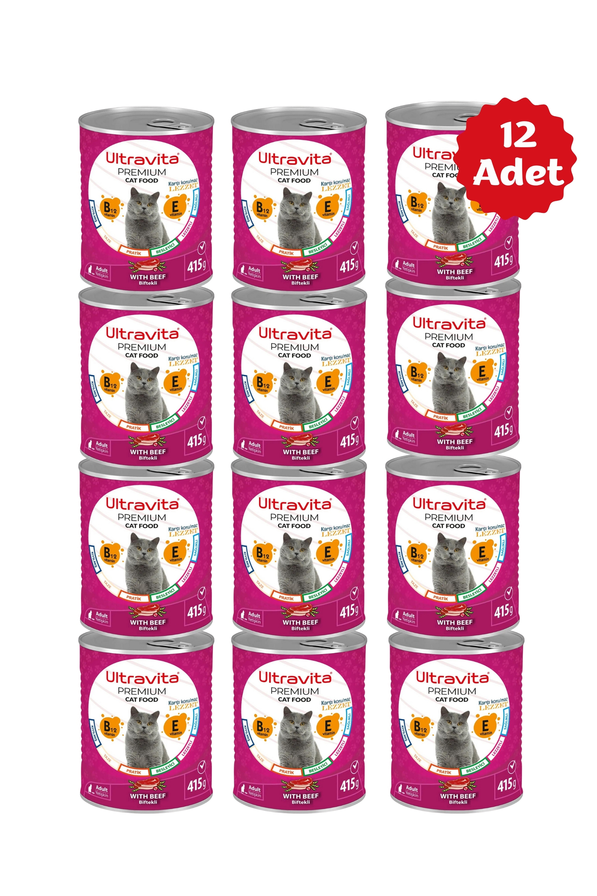 ULTRAVİTA Ultravita Premium Yüksek Proteinli Sığır Etli Konserve Yaş Kedi Maması 415gr x 12 Adet