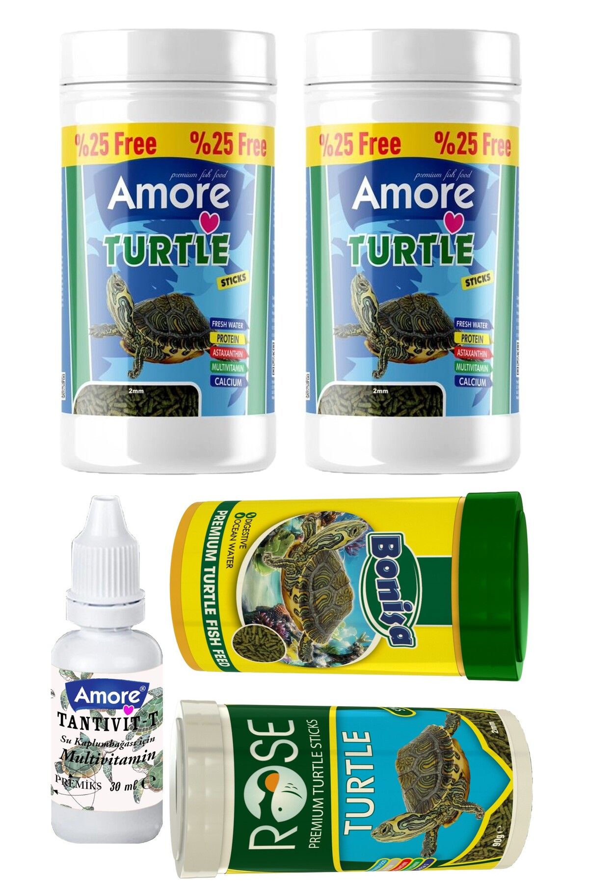AMORE Su Kaplumbağası 2x125ml Stick Yemi, Bonisa 100ml, Rose 100ml, Tantivit-30cc