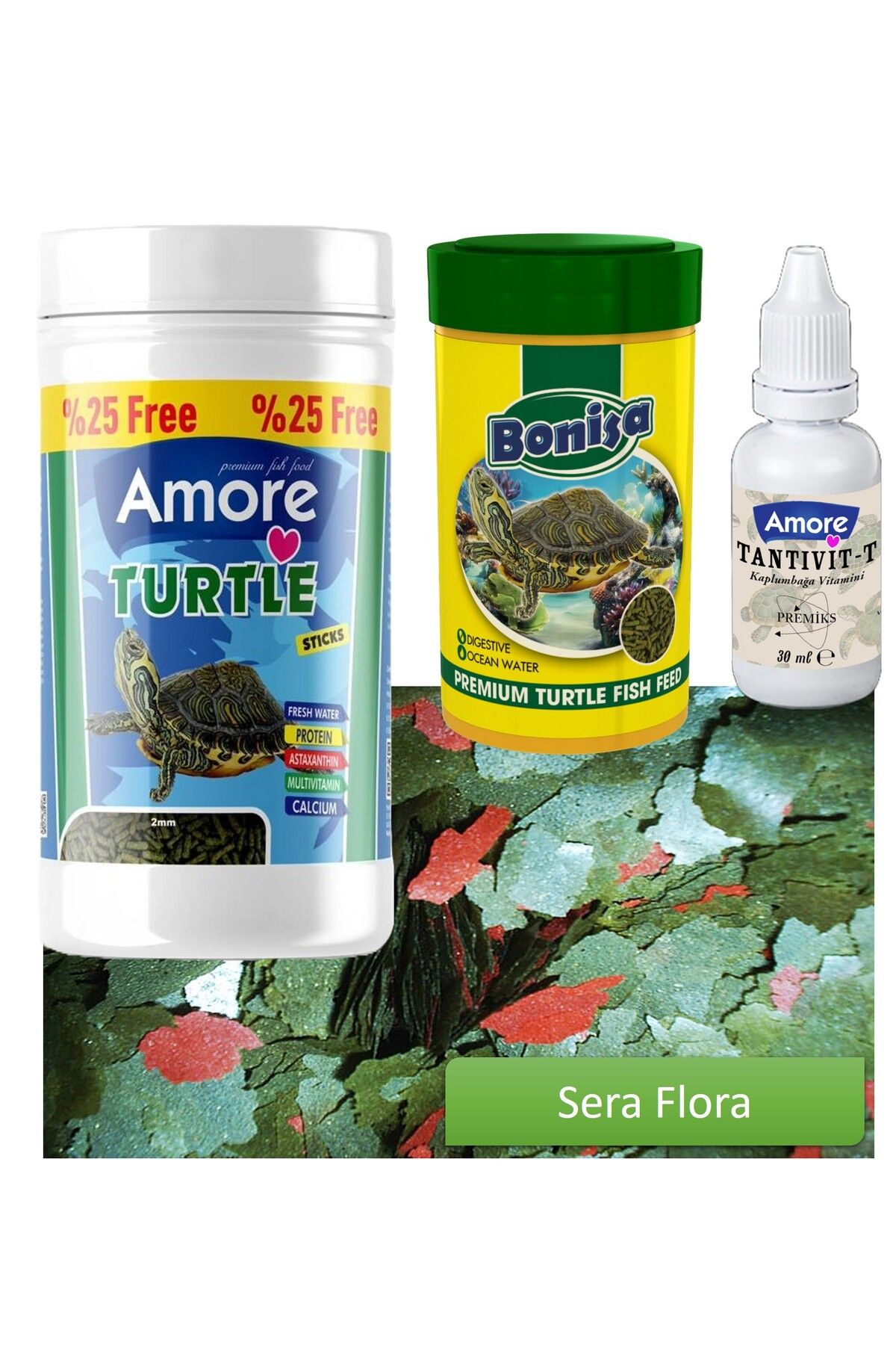 AMORE Su Kaplumbağası 125ml Stick Yemi, Bonisa 100ml, Sera Flora 30gr Pul, Tantivit-30cc