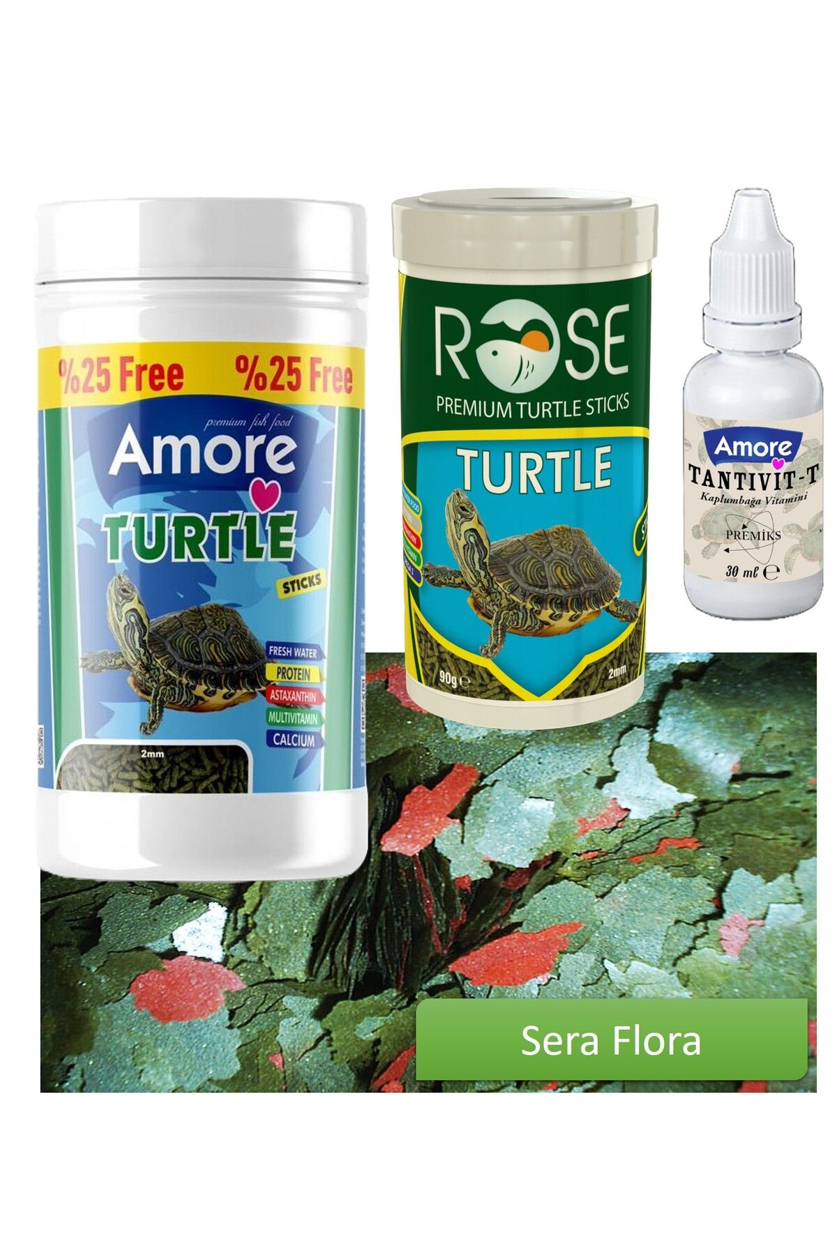 AMORE Su Kaplumbağası 125ml Stick Yemi, Rose 100ml, Sera Flora 30gr Pul, Tantivit-30cc
