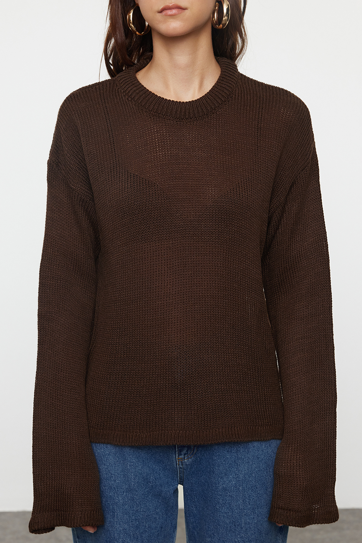 Trendyolmilla  Kahverengi Geniş Kalıp Yumuşak Dokulu Triko Kazak TWOAW25KZ00295 - Görsel 5