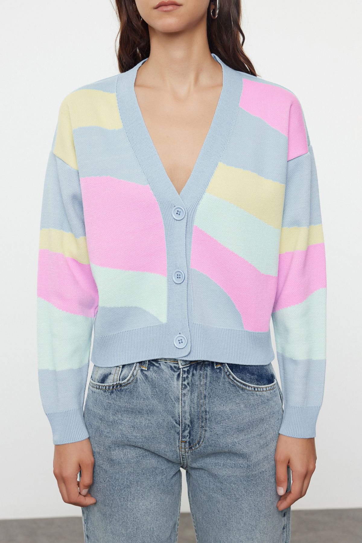Trendyol Collection-Color Blocked Blue Knitwear Cardigan - TWOAW25HI00264 3