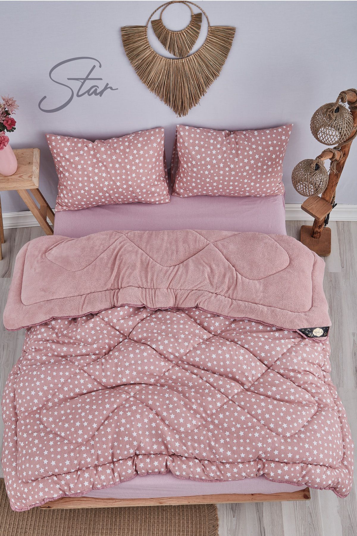 MARLA HOME-Pink Patterned Double Wellsoft Quilt Set - Soft and Fluffy 1