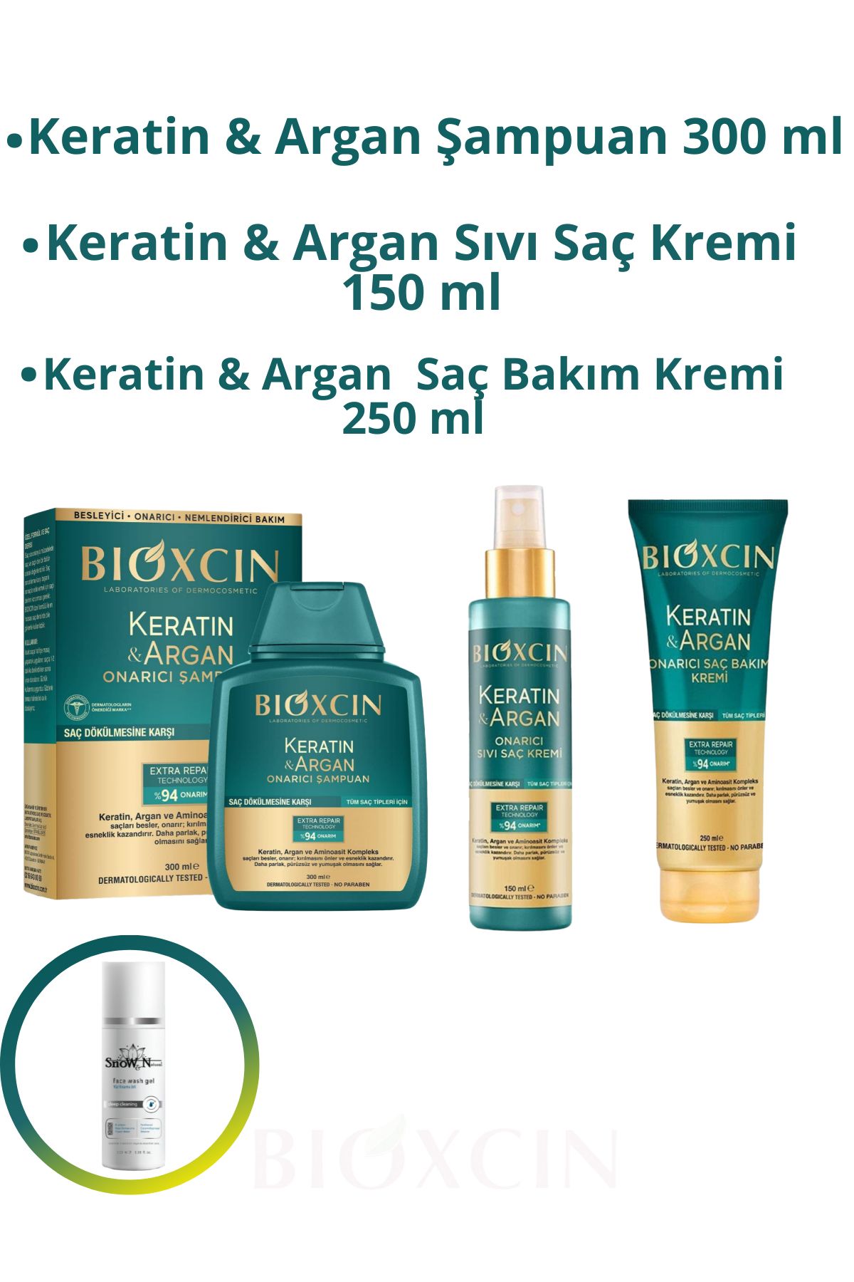 شامپو ترمیم کننده کراتین و آرگان 300 میلی لیتر + نرم کننده مراقبت از مو 250 میلی لیتر + نرم کننده مایع 150 میلی لیتر + ژل پاک کننده صورت Bioxcin