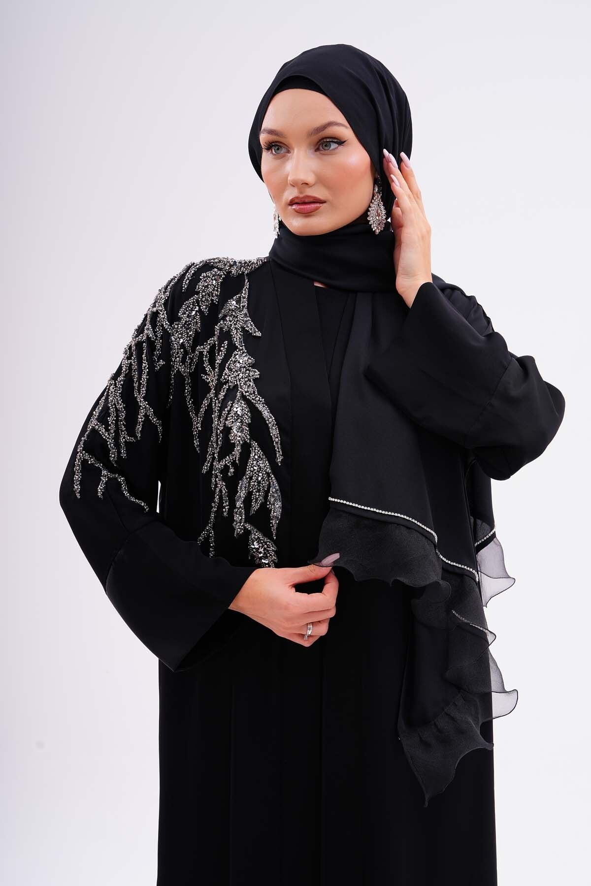 Kumaş Dubai İpeği Lüks Abaya Platin Dantel Kaliteli Tesettür Dış Giyim Özel Günler İçin