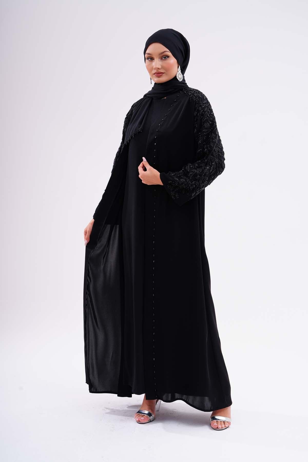 Kumaş Dubai İpeği Lüks Abaya Black Dantel Kaliteli Tesettür Dış Giyim Özel Günler İçin