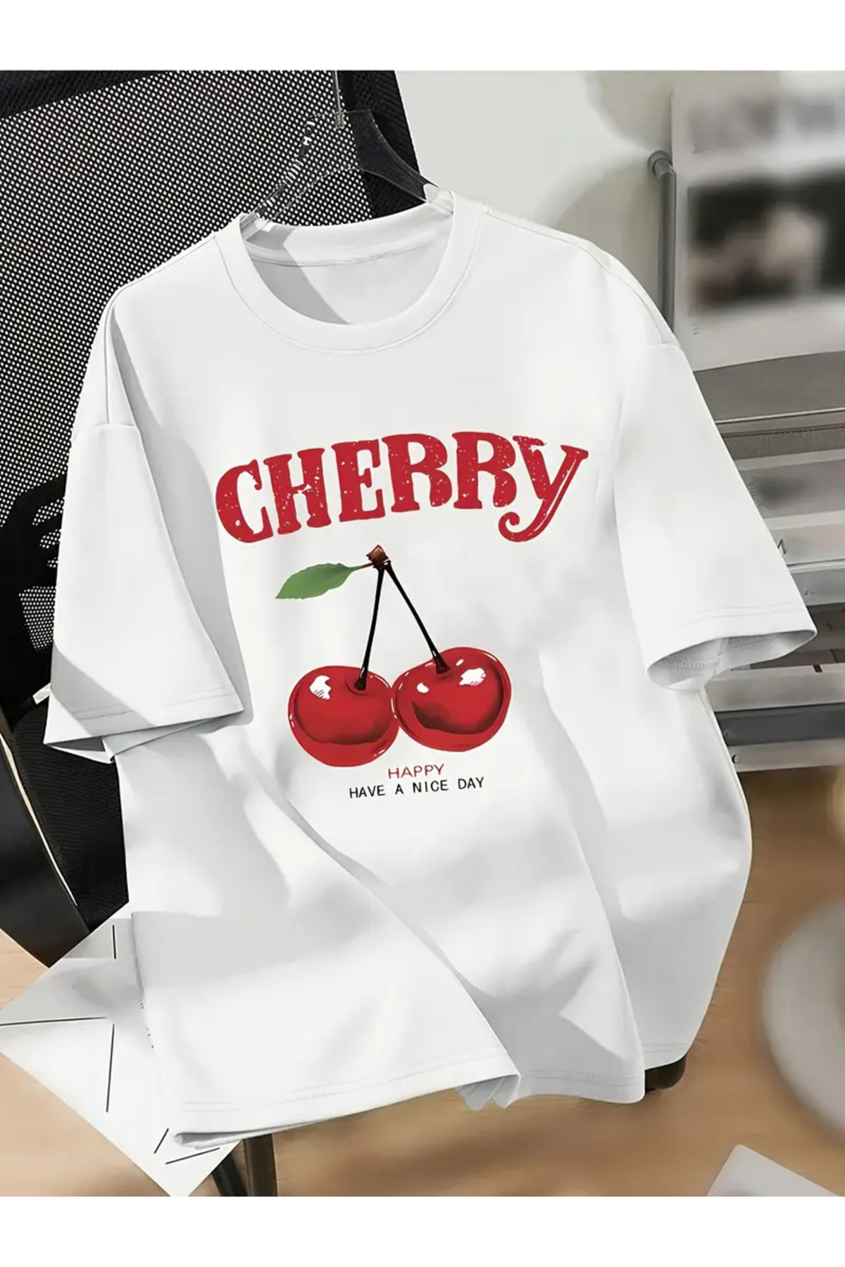 aynewmoda CHERRY HAPPY HAVE A NICE DAY Baskılı Unisex Oversize