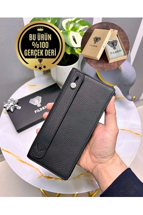 Fil Deri Telefon Bölmeli - Hakiki Deri Cüzdan - Mıknatıslı Ve El Bantlı - Siy...