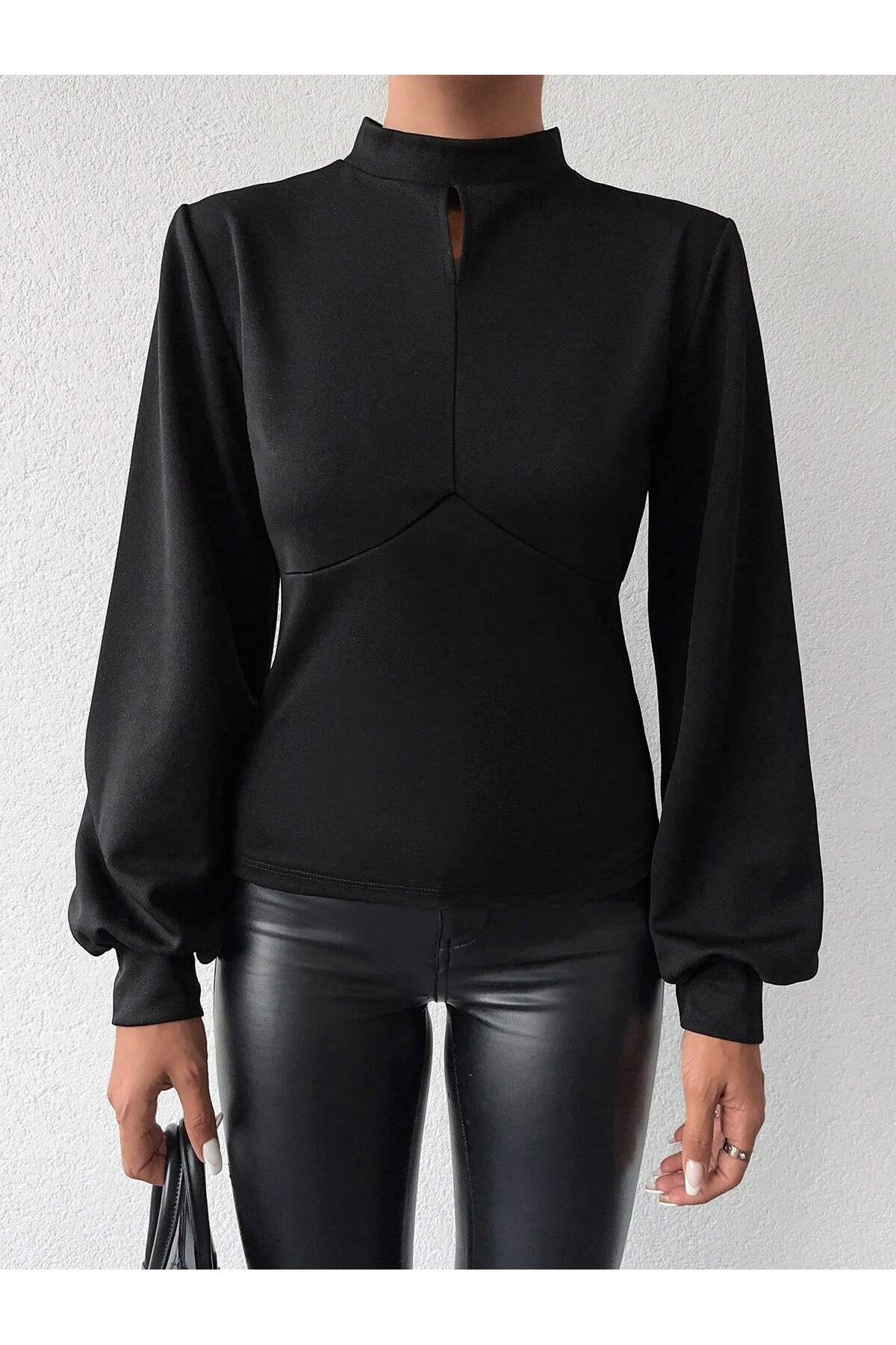 OLSAMODA Ελαστικό πλεκτό ύφασμα - Γυναικεία μπλούζα με μανίκια μπαλόνι και λεπτομέρεια σταγόνας