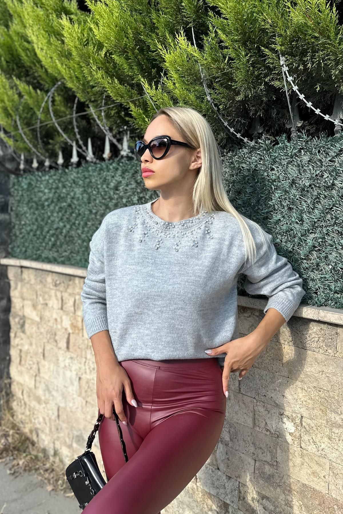 For Angels-Gray Pearl Sweater with Stone Detail 4