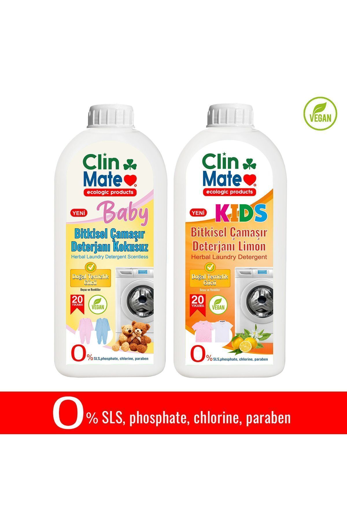 Clinmate 2'li Set Yeni Baby Bitkisel Bebek Çamaşır Deterjanı KOKUSUZ + ÇOCUK Deterjanı LİMON 750 ml 40 yk