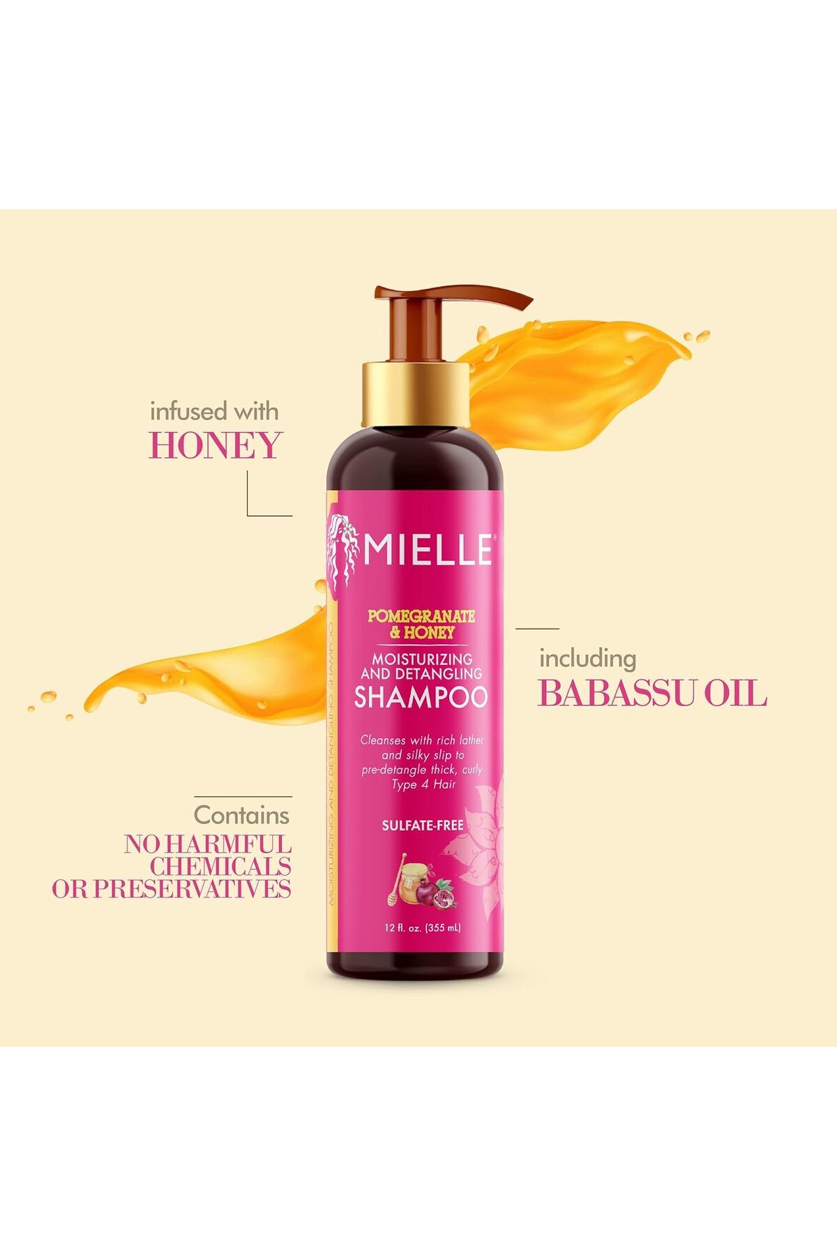 MIELLE-Organics Pomegranate & Honey Moisturizing and Detangling Shampoo, Hydrating Cleanser 355ML 3