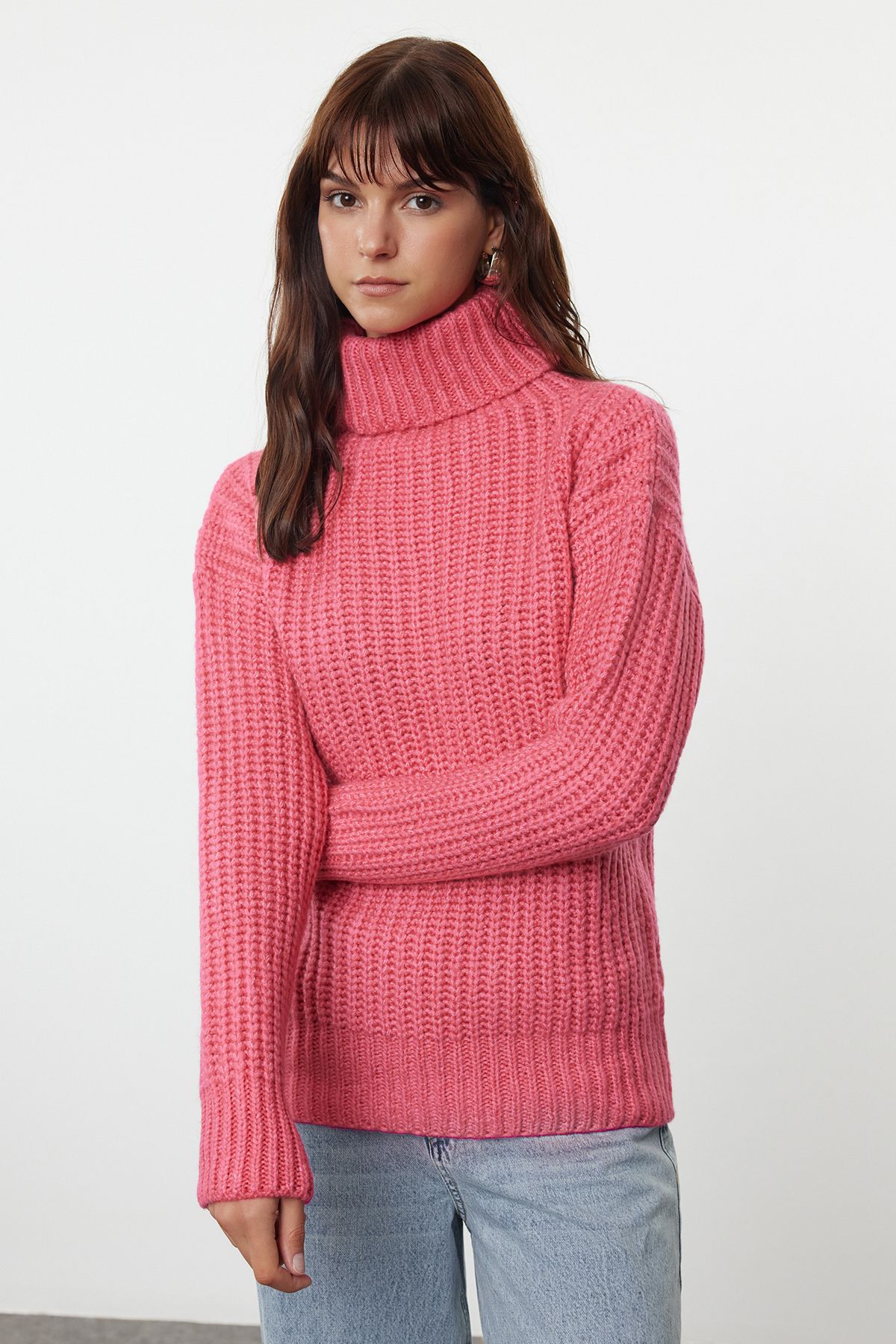 Trendyol Collection Szeroki Sweter Z Miękkiej Dzianiny W Kolorze Fuksji - Kobieta - M