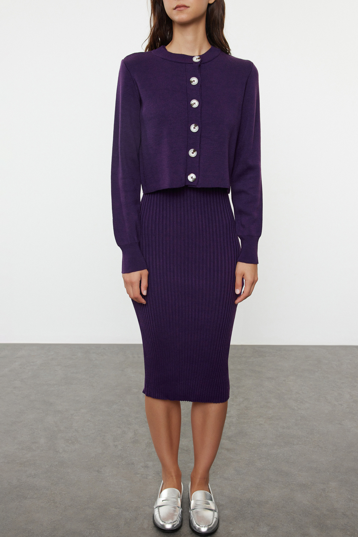 Mixed Color Knit Cardigan / Dark Purple Skirt LLA0580
