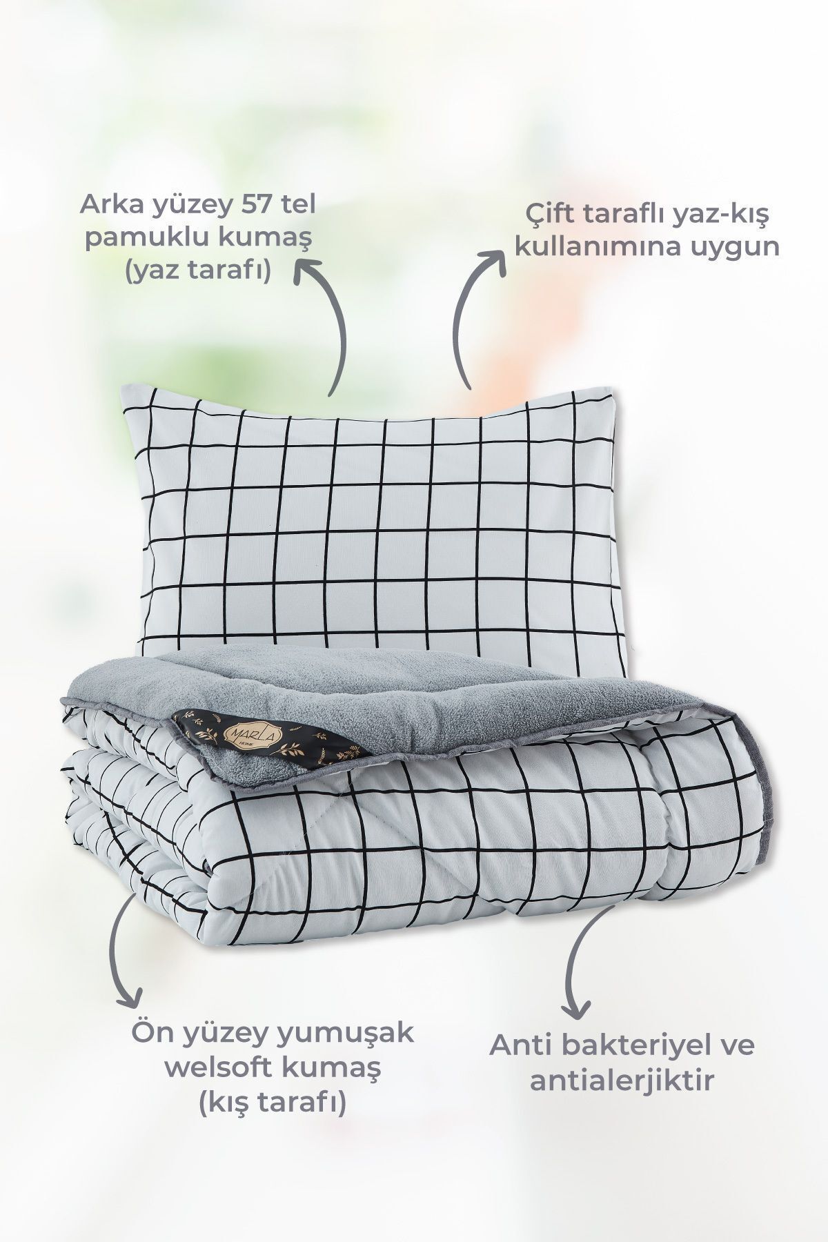 MARLA HOME-Fluffy Double - Welsoft Line Patterned Quilt Set, Double Sided 3