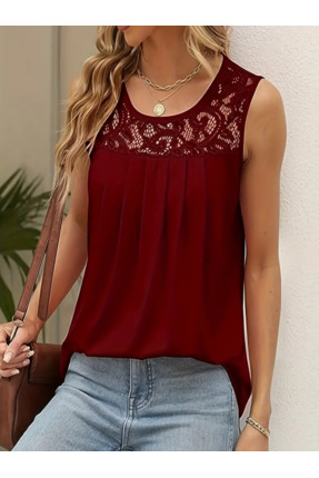 Genel Markalar JAN15490 - Kadın kolsuz bisiklet yaka dantelli viskon bluz bordo