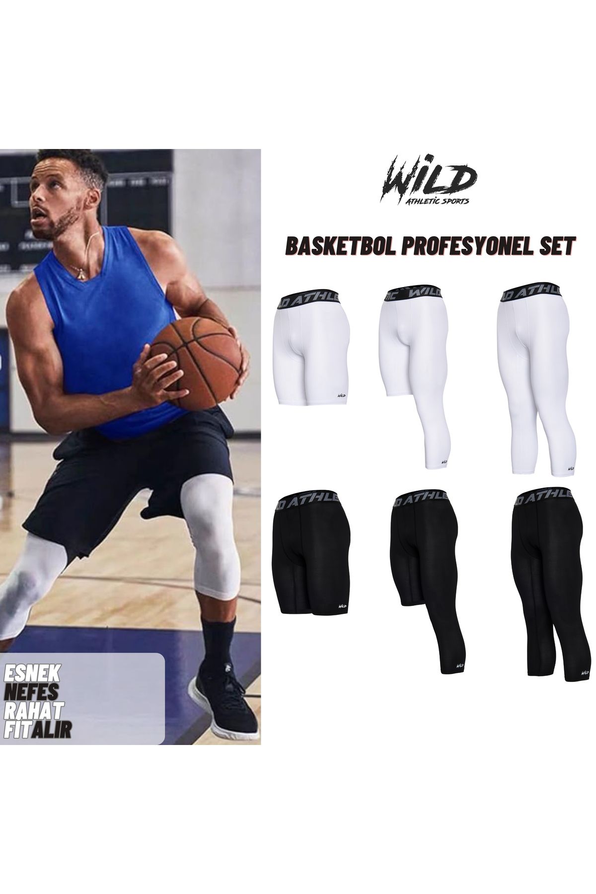 Wild Athletic Sports Pachet Elite - Notebook 3/4-short De Baschet Alb-negru, Cu Un Singur Picior, Jambiere Sport Lungi Unisex - 2XL