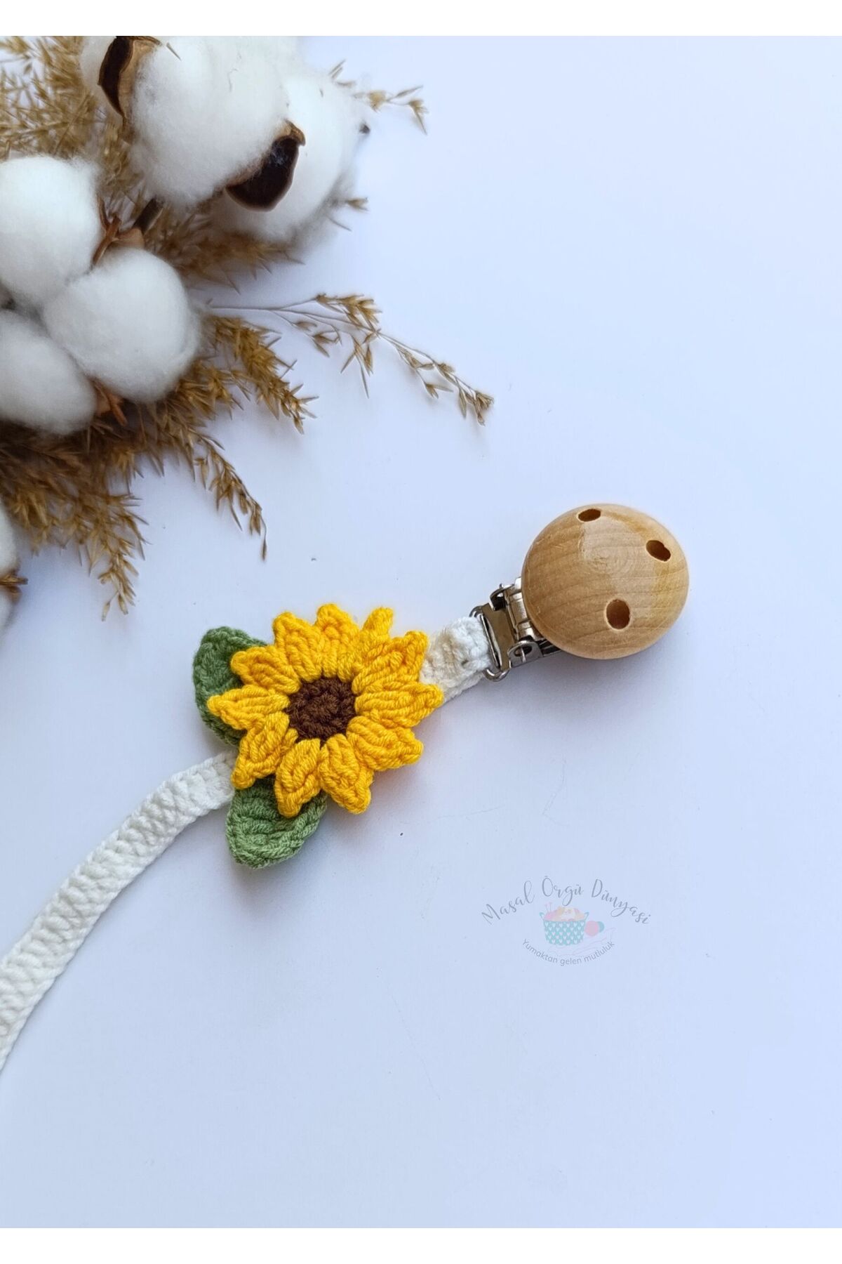 Masal Örgü Dünyası Ayçiçeği Temalı Bebek Emzik Askısı / Zinciri fotoğrafı 4 (önizleme)