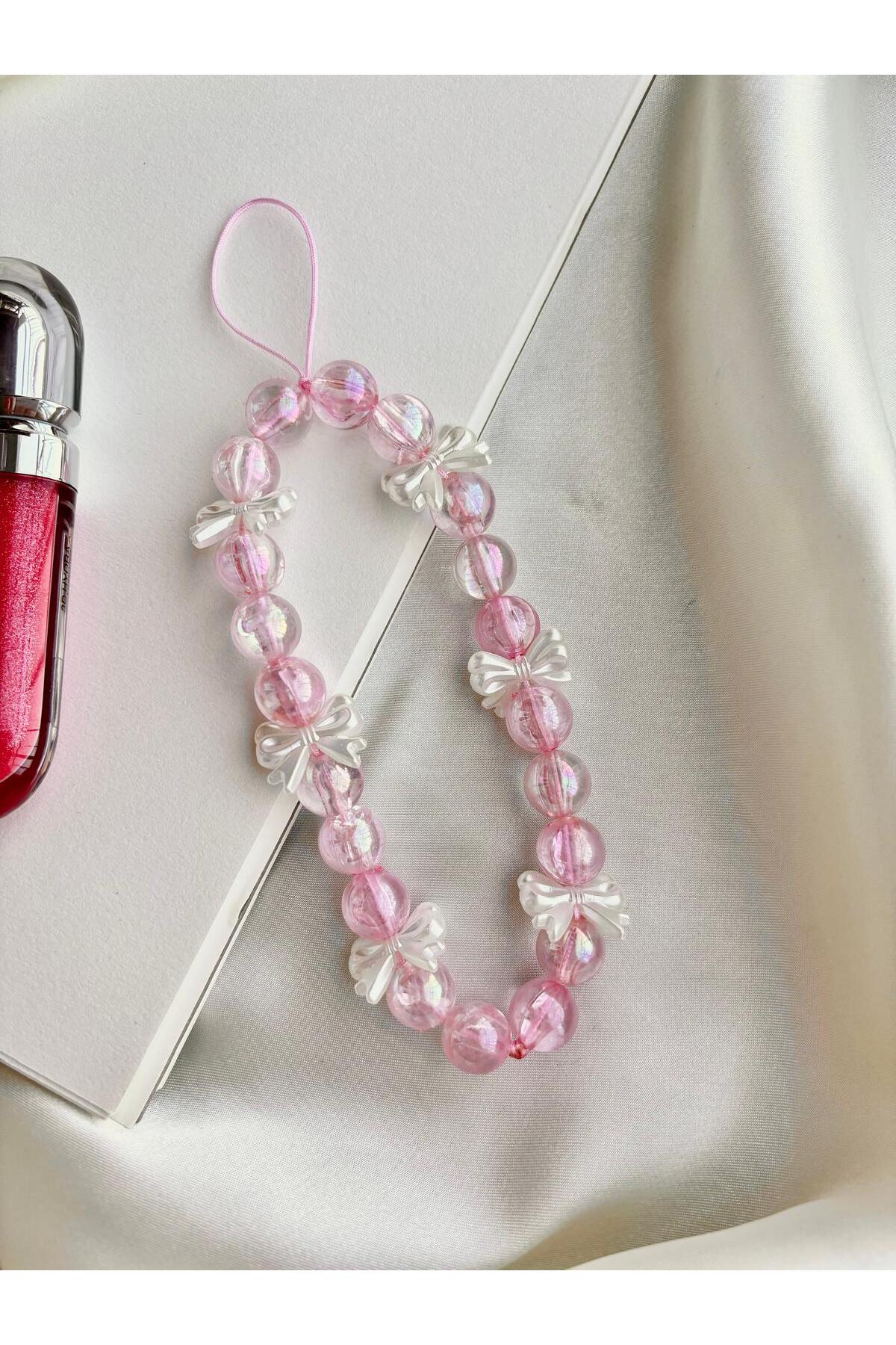 PEONY peonyofficiall İnci Telefon Charmı Janjan Pembe Şeffaf Bubble Top Telefon İpi Çanta Süsü