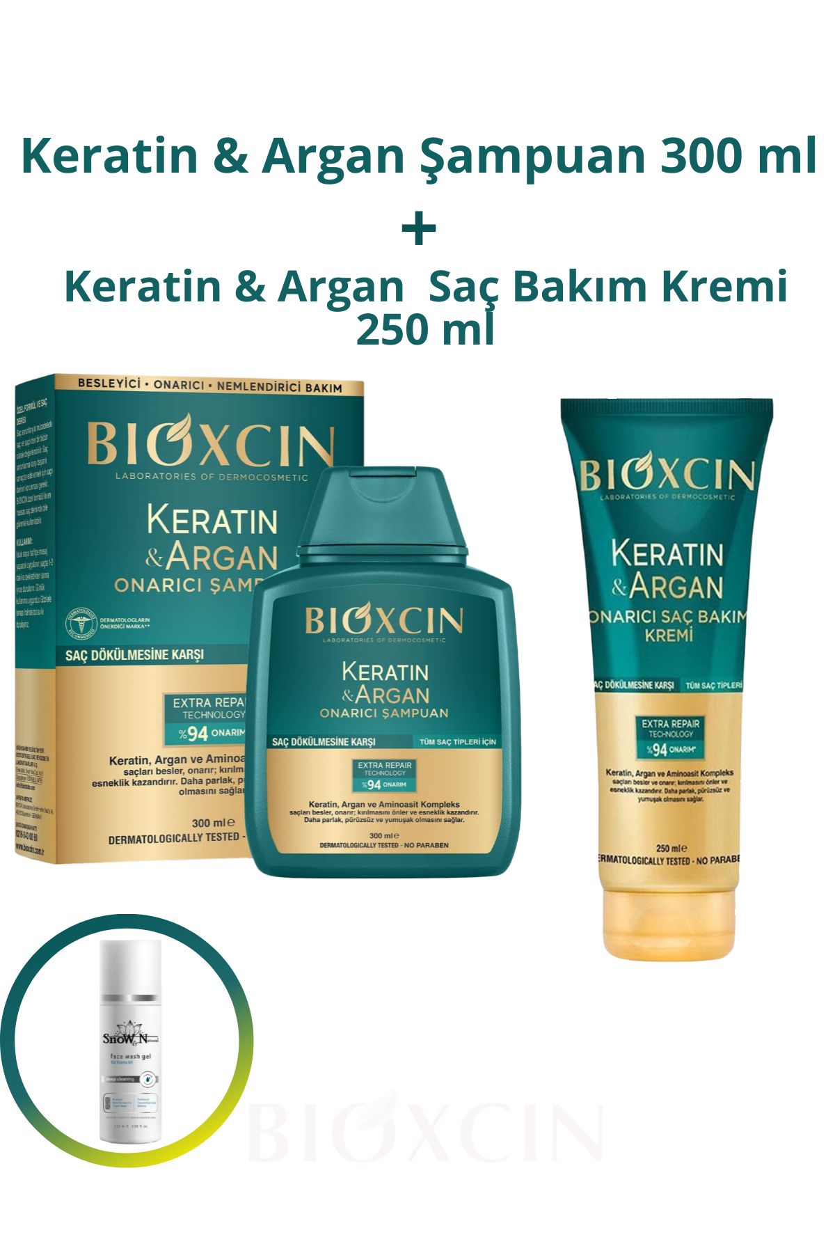 شامپو ترمیم کننده کراتین و آرگان 300 میلی لیتر + کرم مراقبت از موی کراتین و آرگان 250 میلی لیتر + ژل پاک کننده صورت Bioxcin