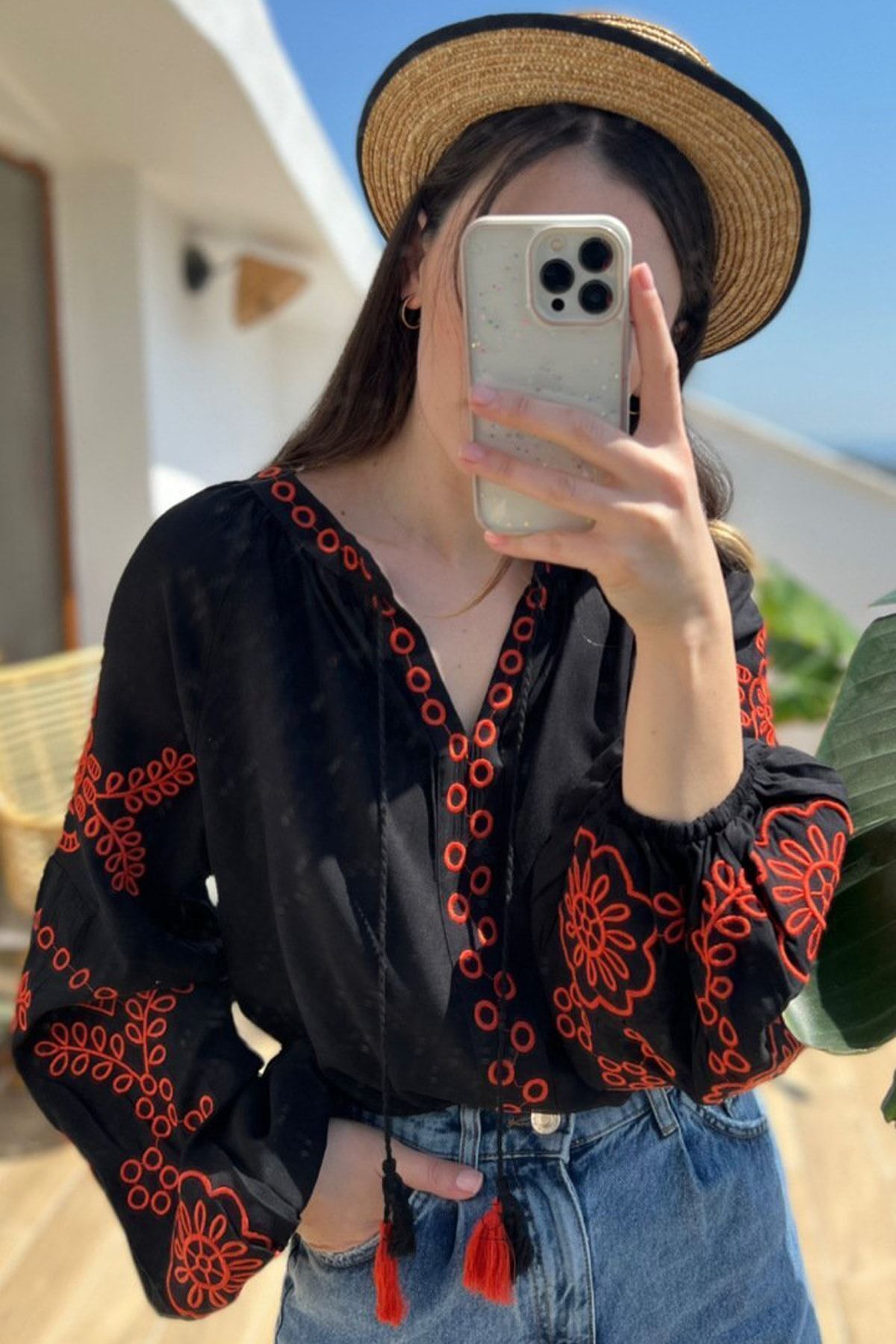 Nakışlı Boho Bluz - Siyah