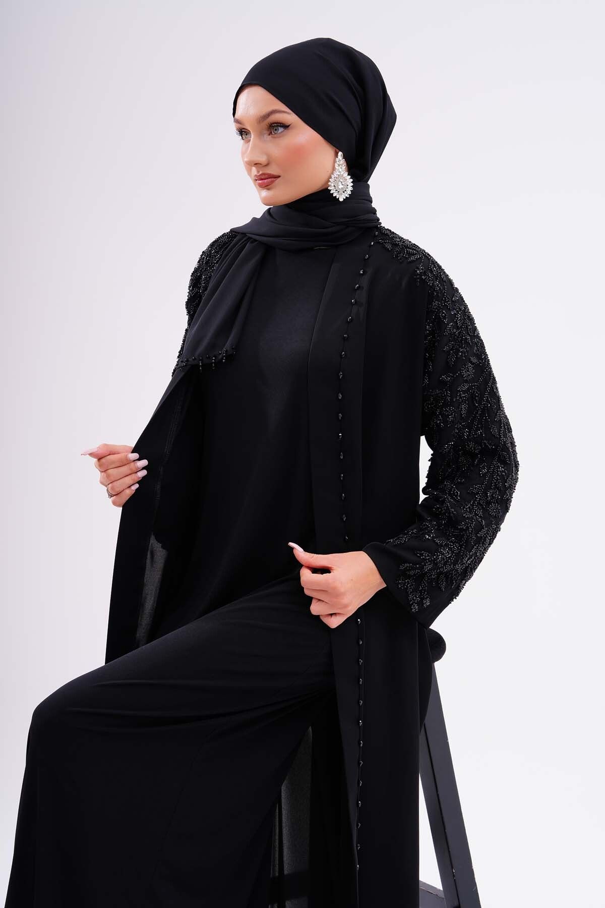 Kumaş Dubai İpeği Lüks Abaya Black Dantel Kaliteli Tesettür Dış Giyim Özel Günler İçin