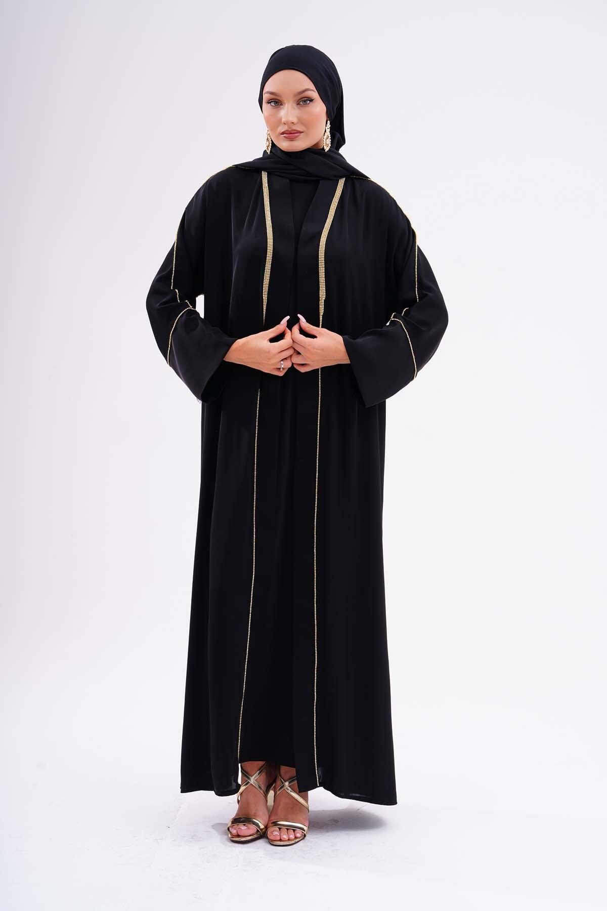 Kumaş Dubai İpeği Lüks Abaya Gold Çift Swaroski Kaliteli Tesettür Dış Giyim Özel Günler İçin