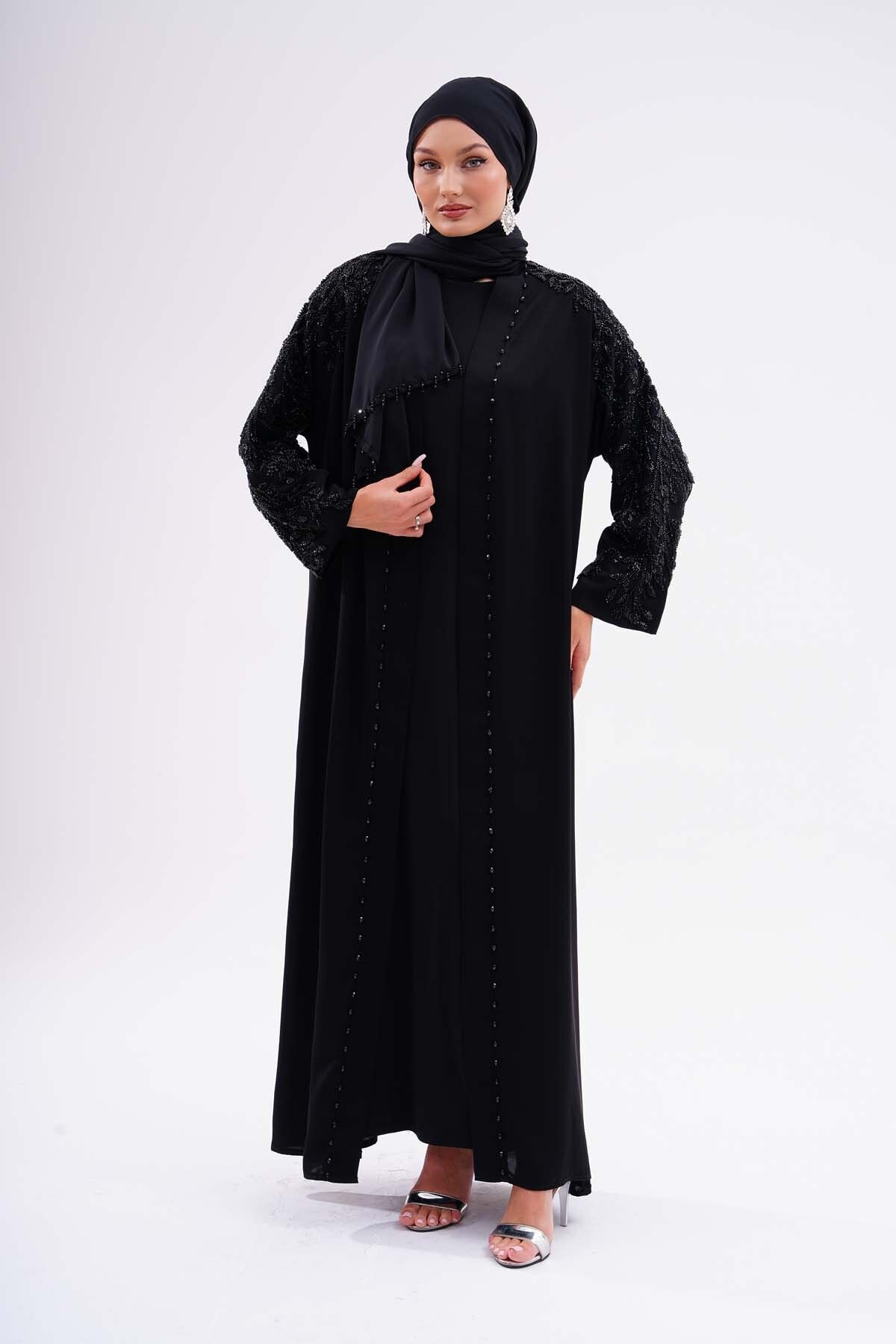 Kumaş Dubai İpeği Lüks Abaya Black Dantel Kaliteli Tesettür Dış Giyim Özel Günler İçin