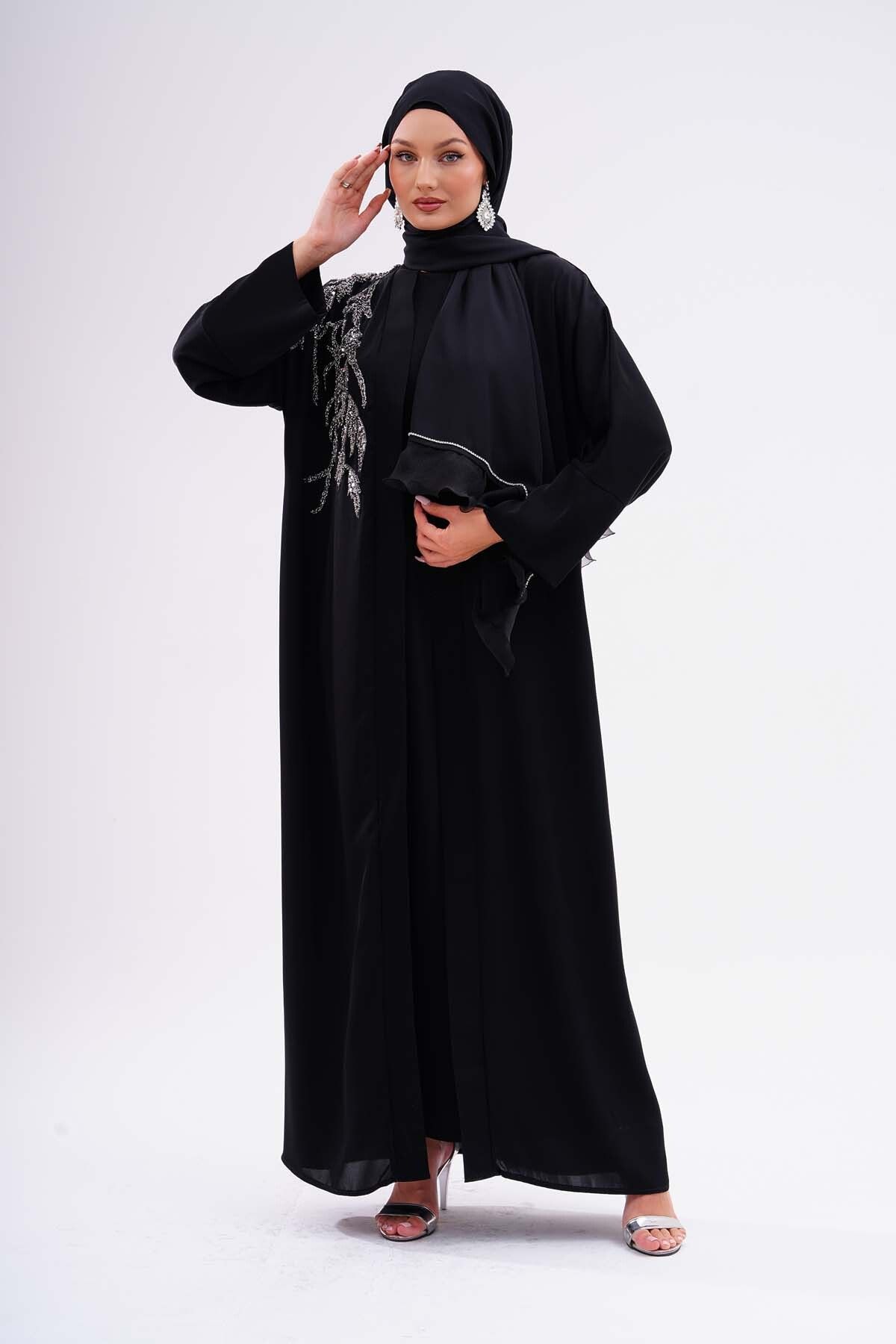 Kumaş Dubai İpeği Lüks Abaya Platin Dantel Kaliteli Tesettür Dış Giyim Özel Günler İçin