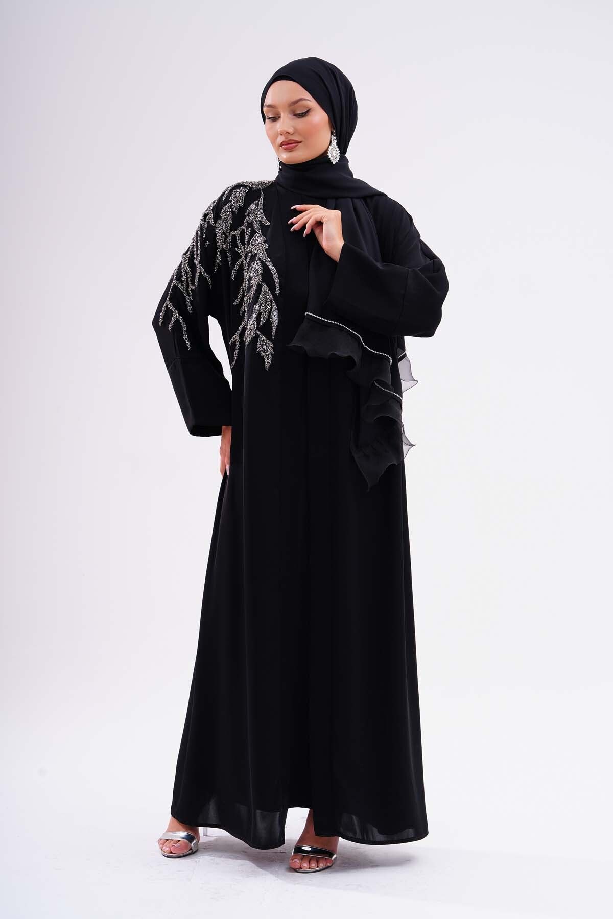 Kumaş Dubai İpeği Lüks Abaya Platin Dantel Kaliteli Tesettür Dış Giyim Özel Günler İçin