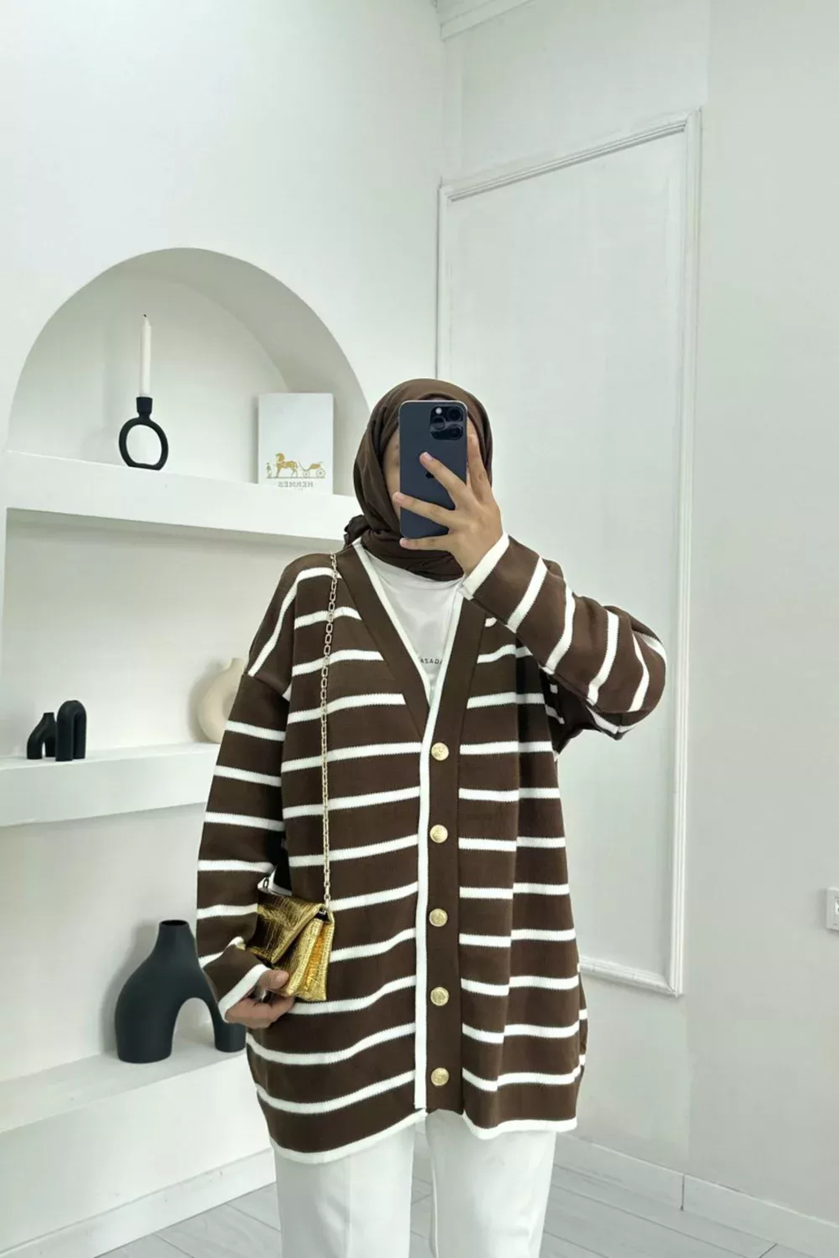AVSARWEAR Kadın Gold Düğmeli Çizgili Triko HIRKA