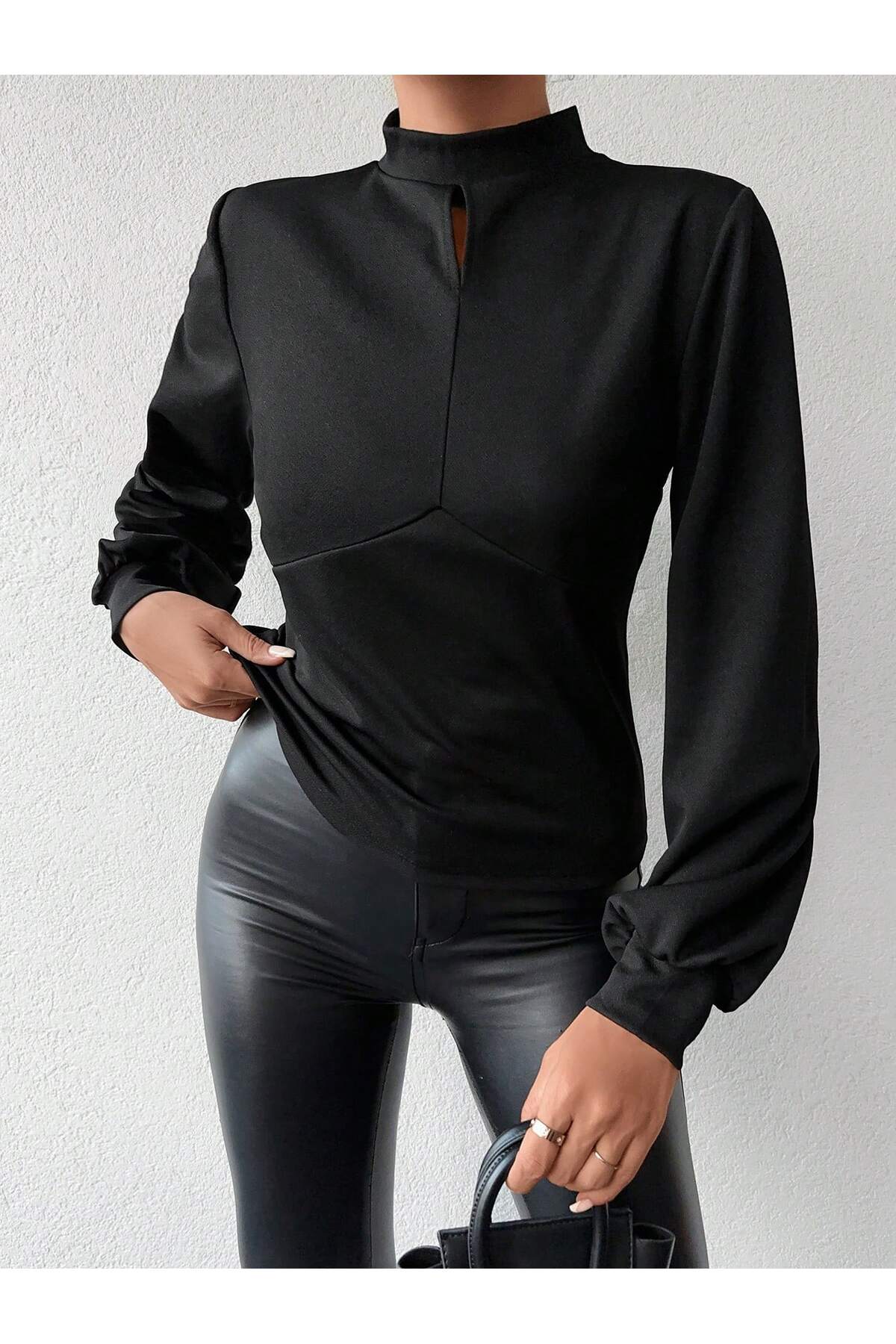 OLSAMODA Ελαστικό πλεκτό ύφασμα - Γυναικεία μπλούζα με μανίκια μπαλόνι και λεπτομέρεια σταγόνας