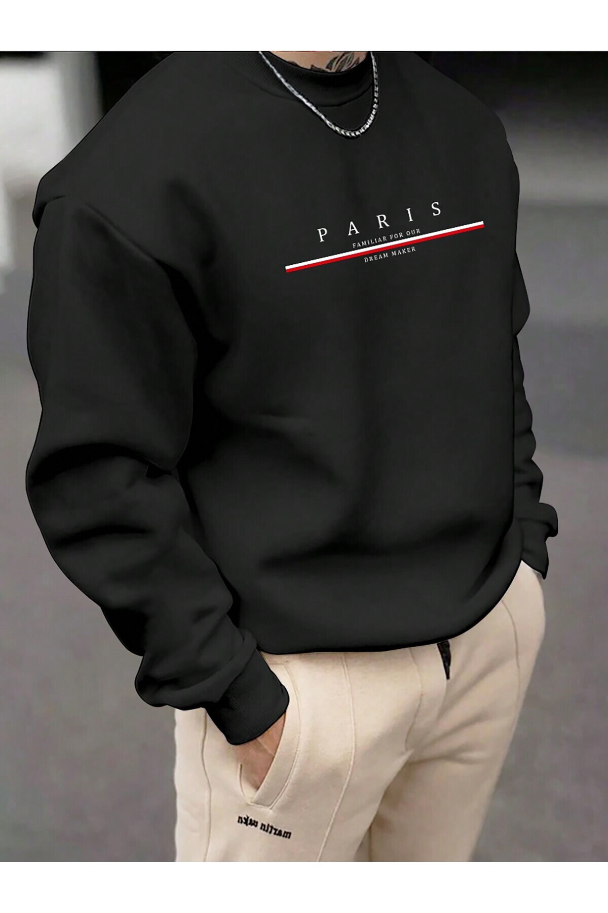 Cool Art Paris Çizgi Kalın Kışlık Sweatshirt - Siyah Baskılı Oversize Şardonlu Bisiklet Yaka